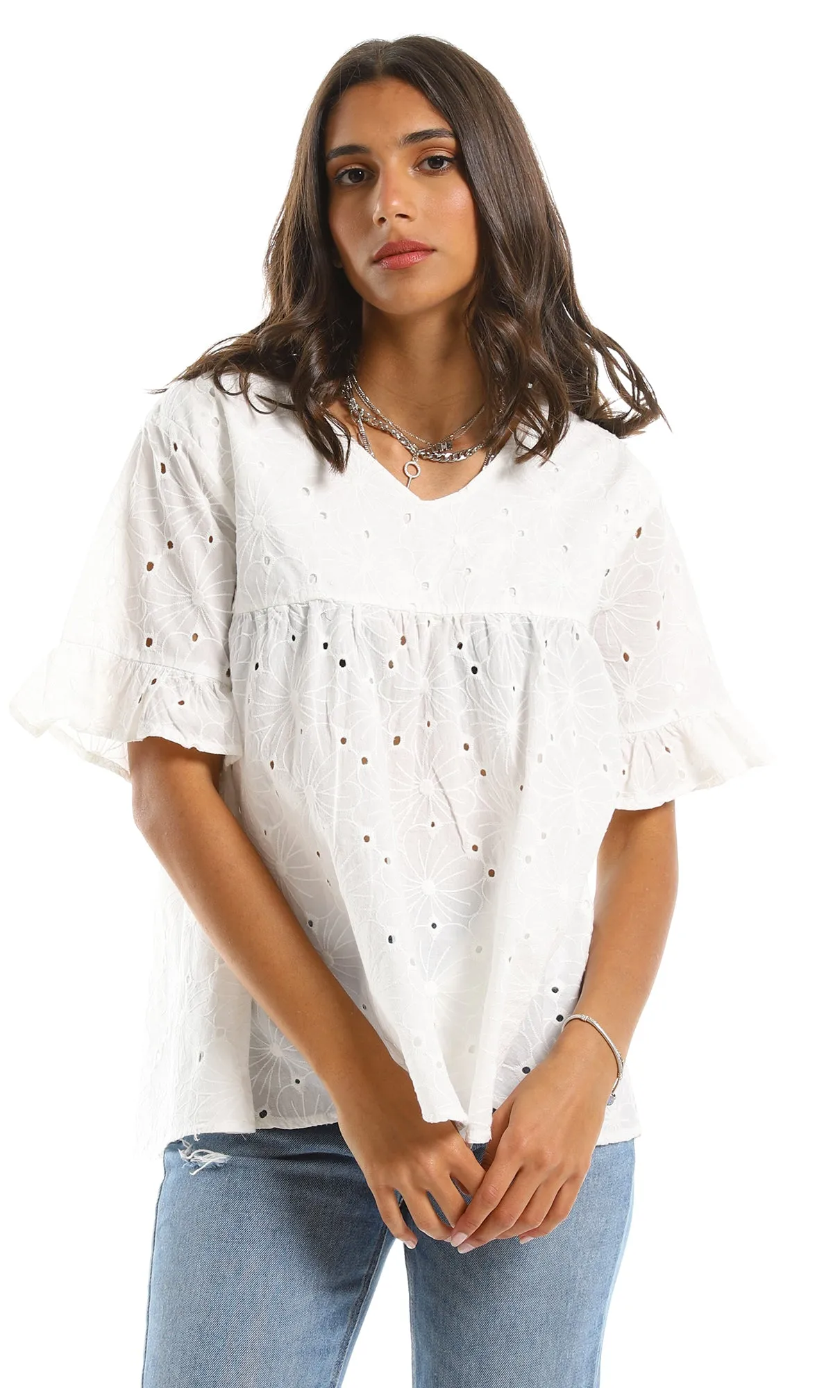 97987 Ruffle Short Sleeves Summer White Blouse
