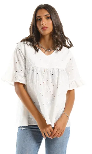 97987 Ruffle Short Sleeves Summer White Blouse