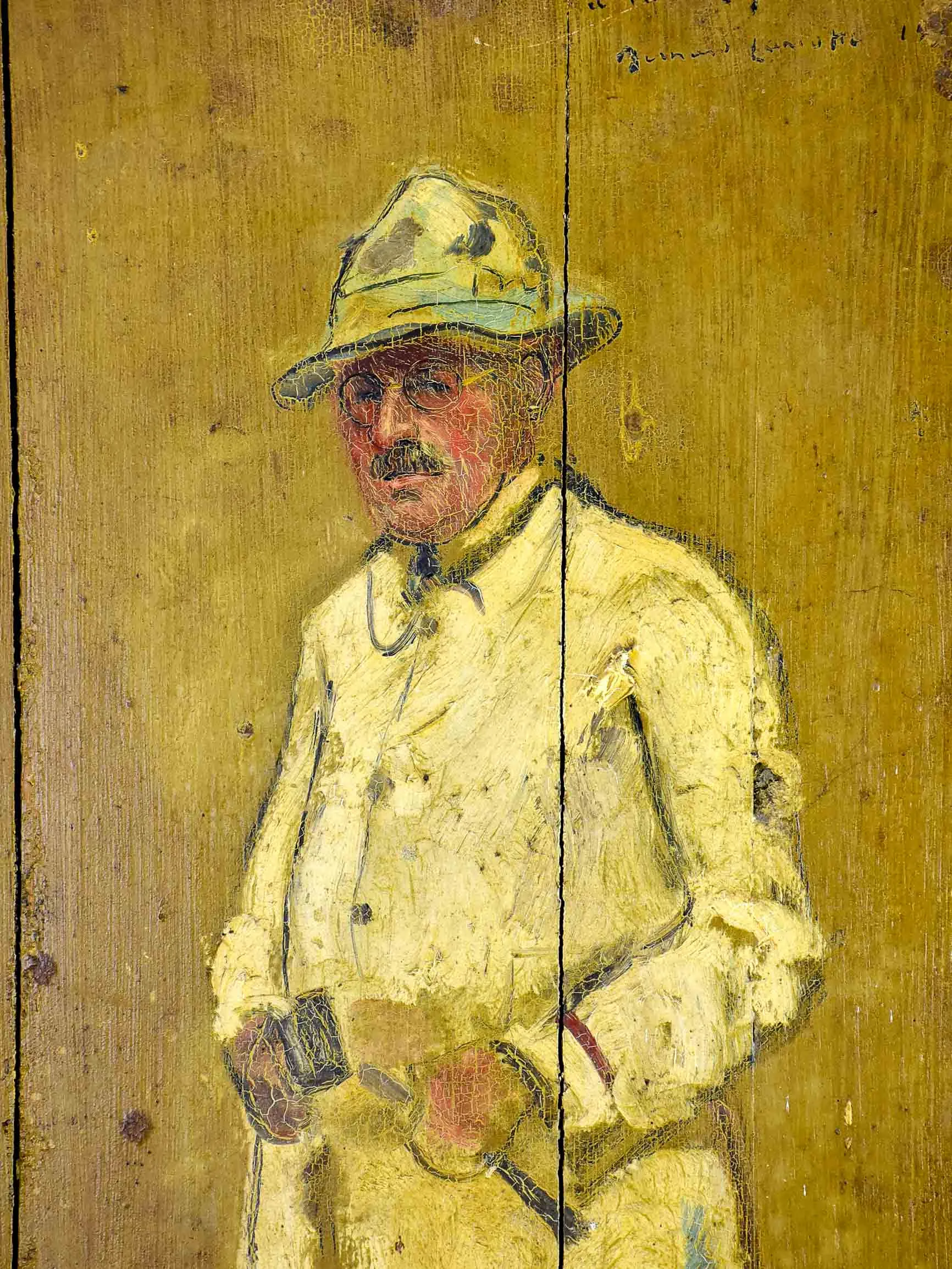 Antique French painting of a man - painted on a shutter