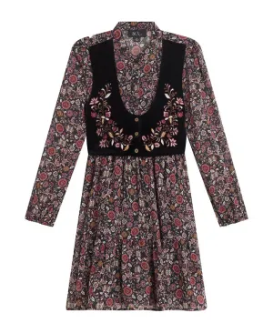 Beautees Long Sleeves Print Chiffon Dress with Embroidered Velvet Faux Vest - Black