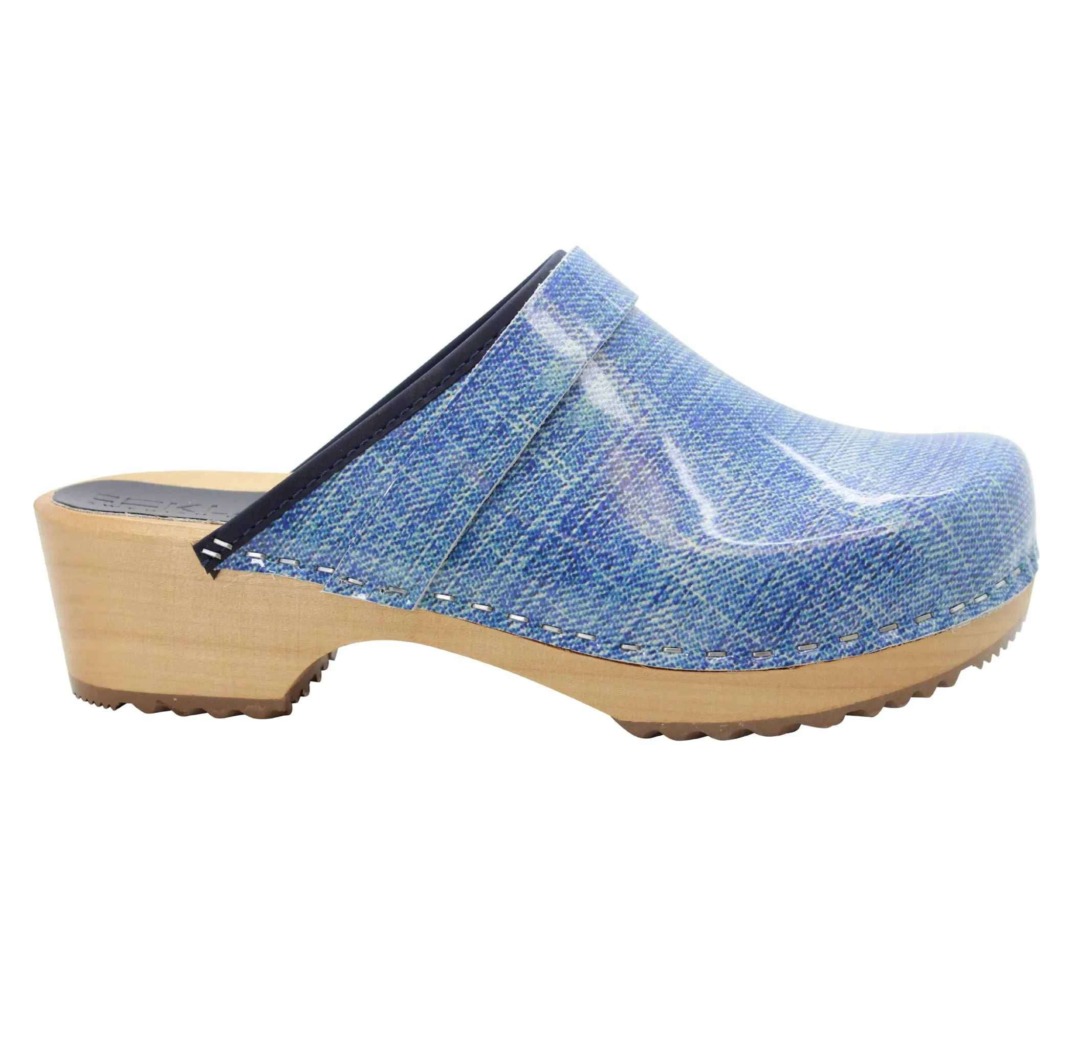 BJORK by KLÄGN Denim Wood Open Back Leather Clogs