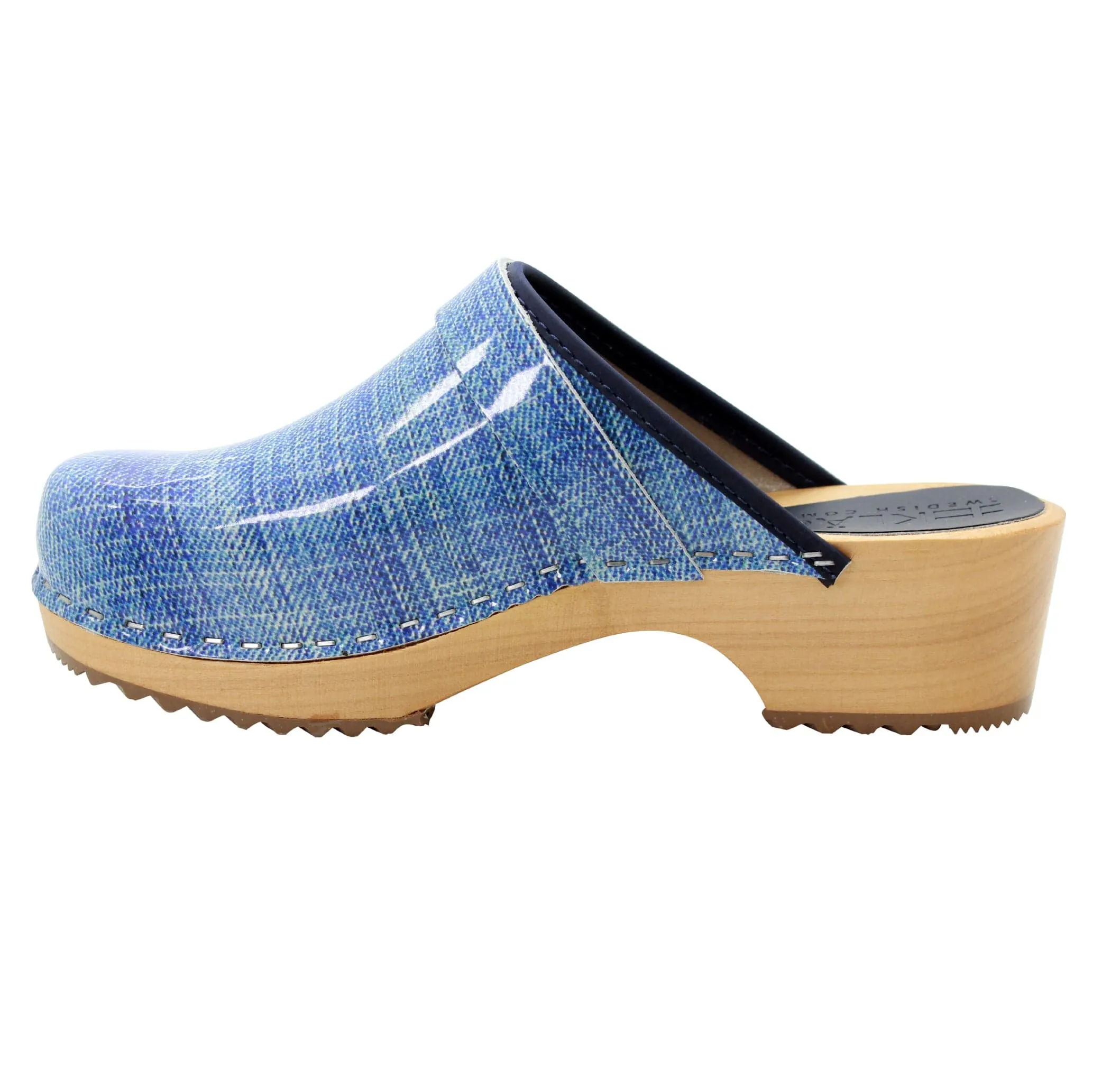 BJORK by KLÄGN Denim Wood Open Back Leather Clogs