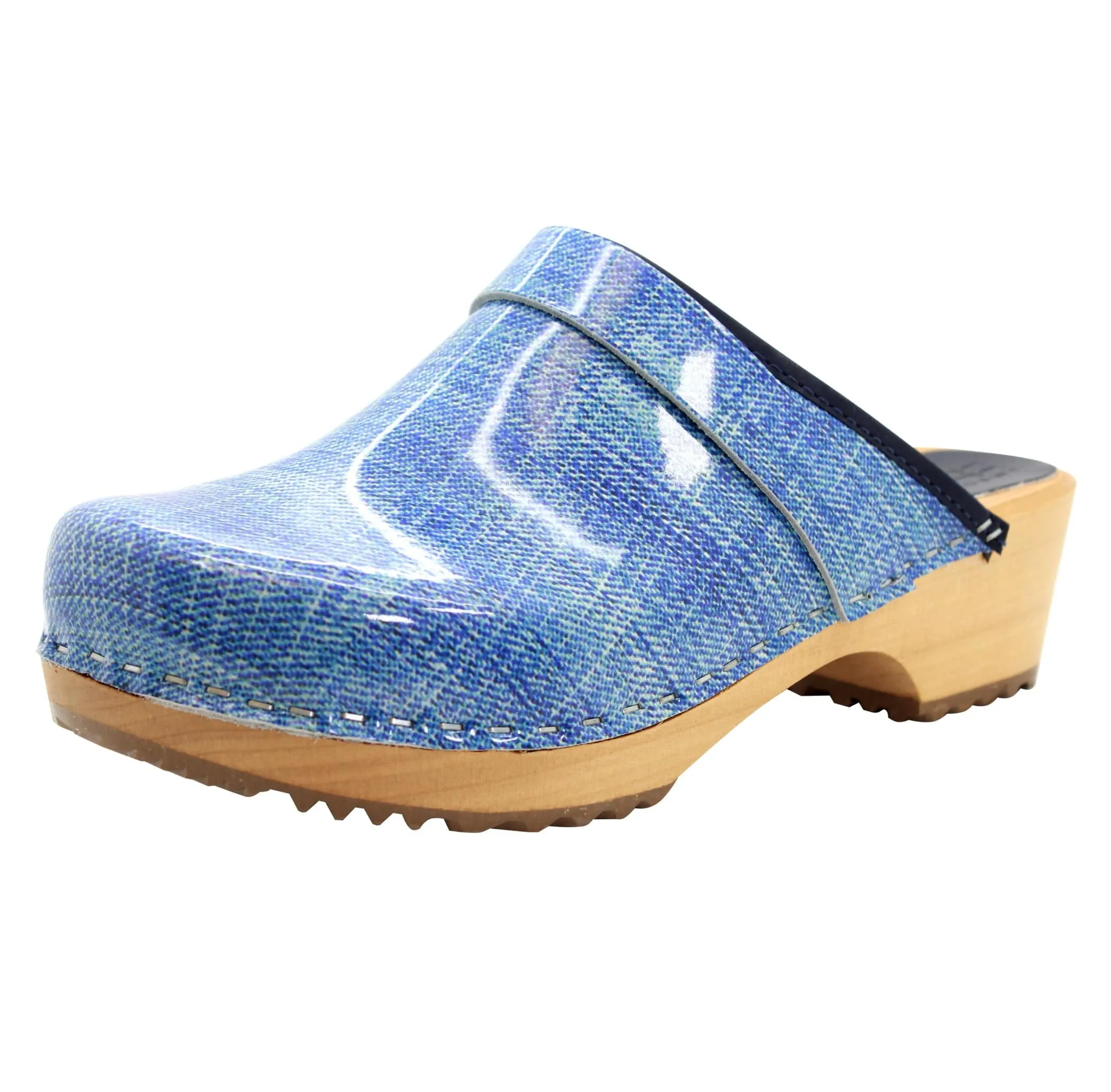 BJORK by KLÄGN Denim Wood Open Back Leather Clogs