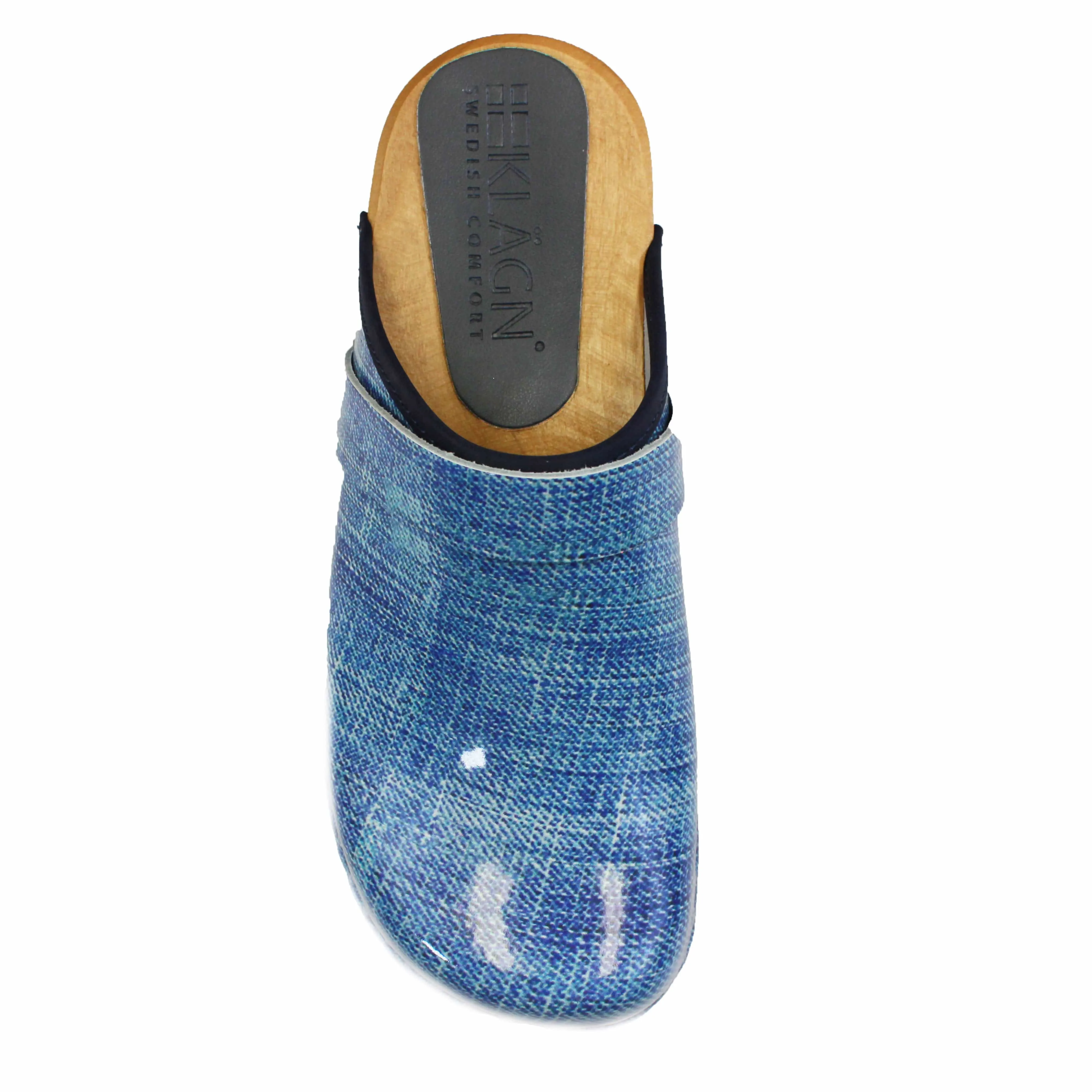 BJORK by KLÄGN Denim Wood Open Back Leather Clogs
