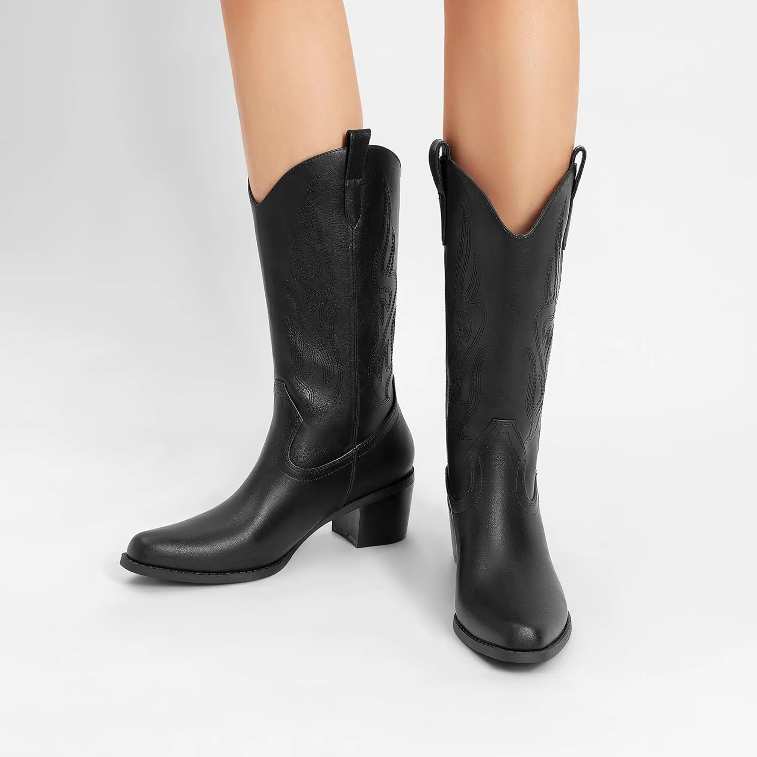 DREAM PAIRS Women's Square Toe Cowboy Cowgirl Boots Embroidered Mid Calf Western Boots Fashion Dress Low Chunky Heel Boots for Theme Party Country Concert