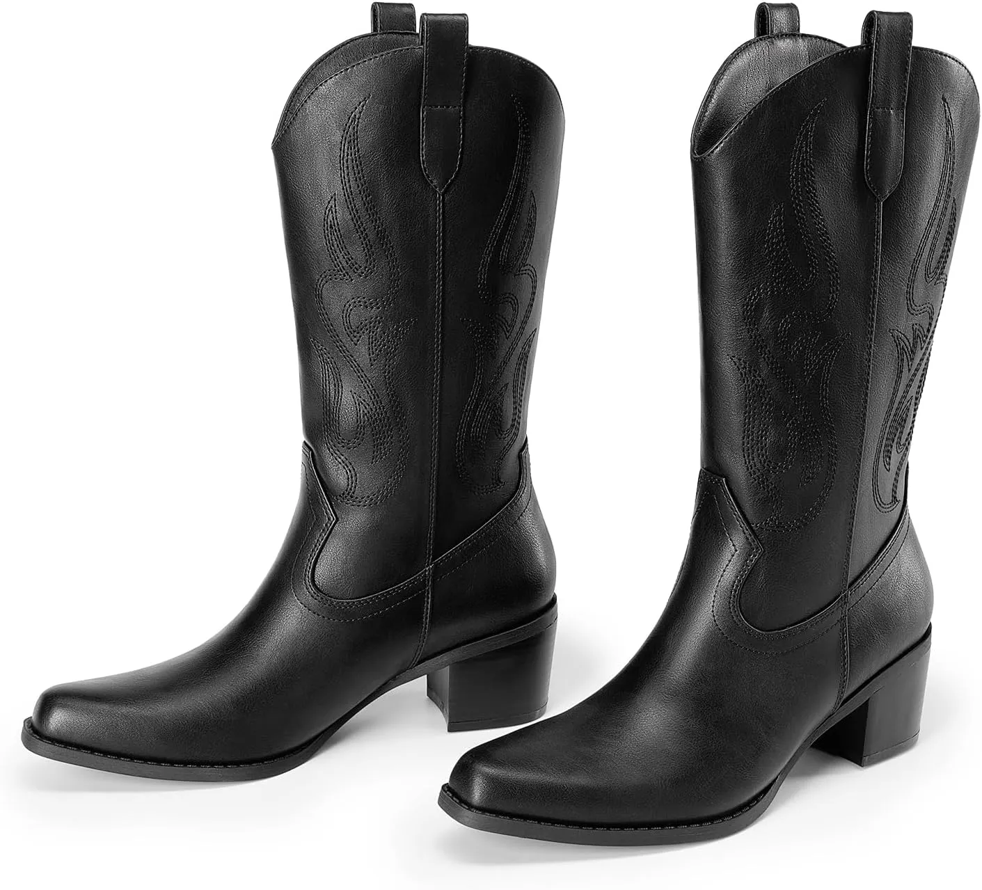 DREAM PAIRS Women's Square Toe Cowboy Cowgirl Boots Embroidered Mid Calf Western Boots Fashion Dress Low Chunky Heel Boots for Theme Party Country Concert