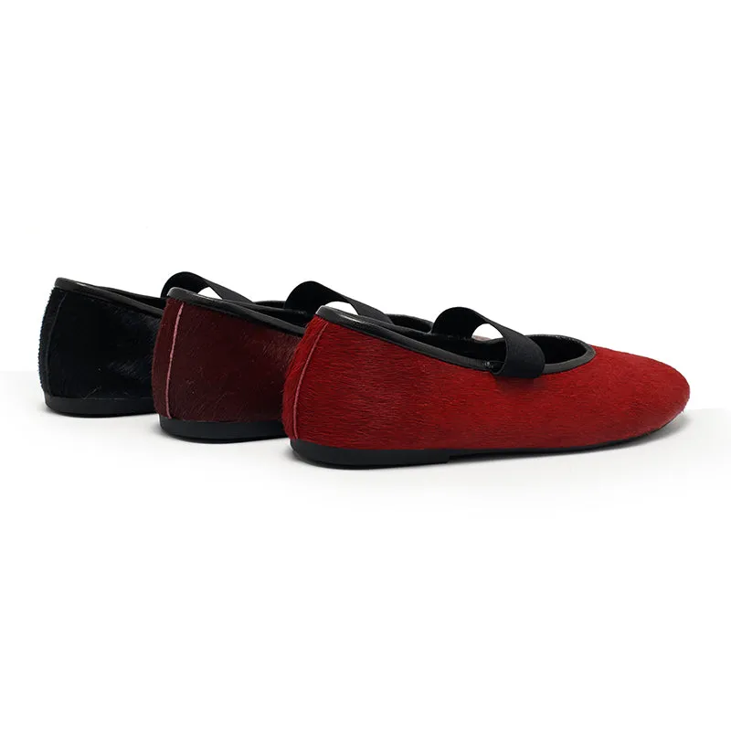 Dwarves Elegant Round Toe Soft Leather Mary Jane Flats in Red/Black/Wine Red