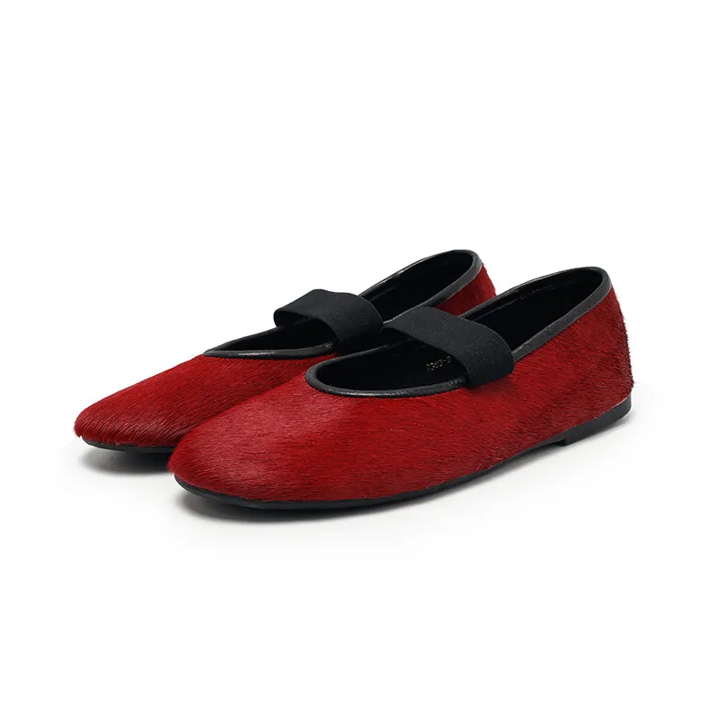 Dwarves Elegant Round Toe Soft Leather Mary Jane Flats in Red/Black/Wine Red