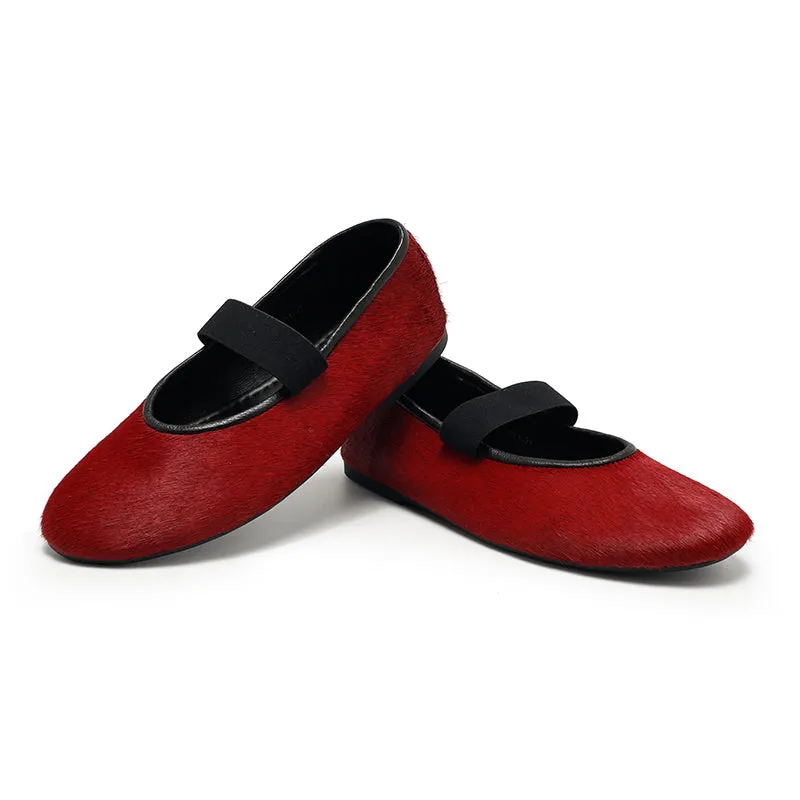 Dwarves Elegant Round Toe Soft Leather Mary Jane Flats in Red/Black/Wine Red