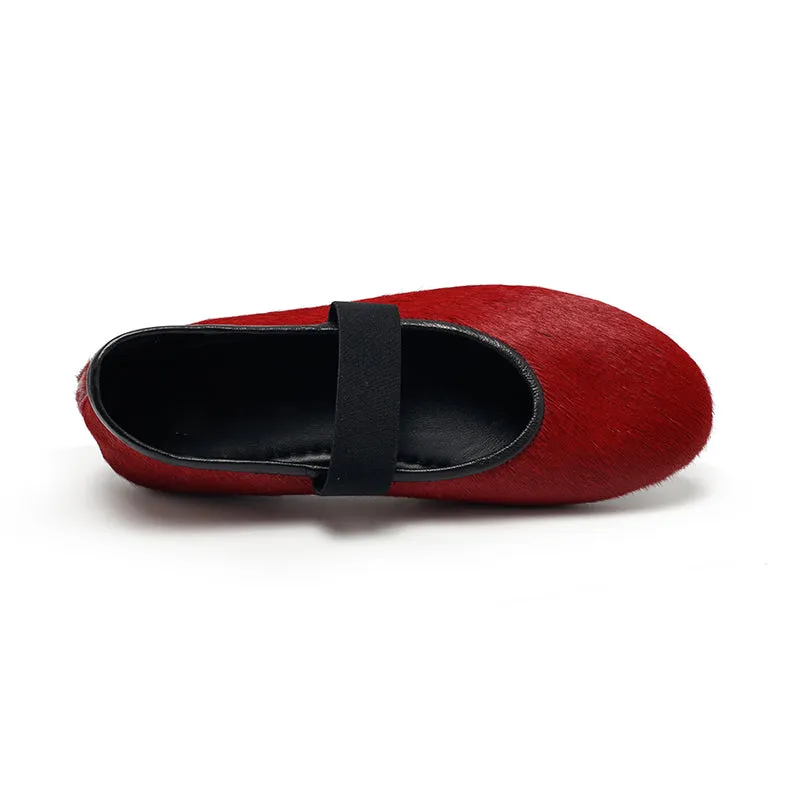 Dwarves Elegant Round Toe Soft Leather Mary Jane Flats in Red/Black/Wine Red