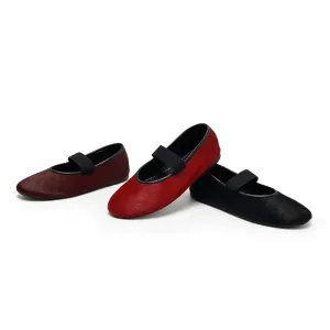 Dwarves Elegant Round Toe Soft Leather Mary Jane Flats in Red/Black/Wine Red