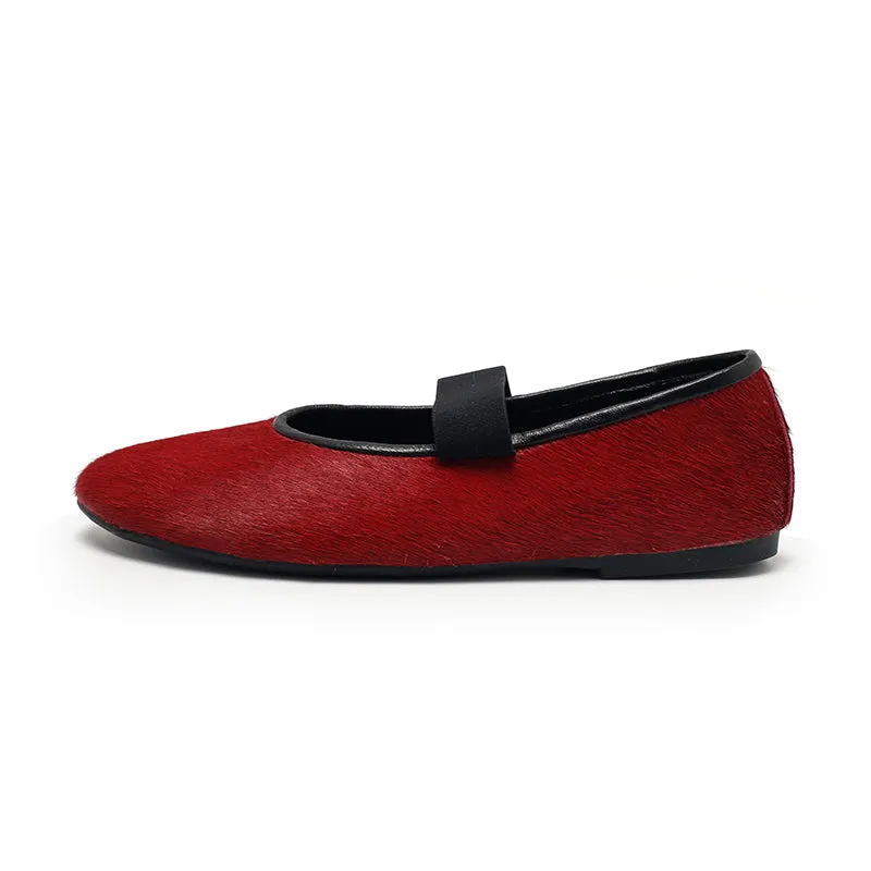 Dwarves Elegant Round Toe Soft Leather Mary Jane Flats in Red/Black/Wine Red
