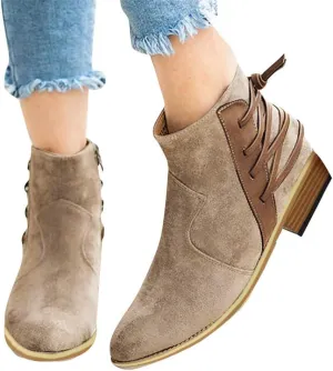 Gibobby Ankle Boots for Women Low Heel,Ankle Booties Round Toe Faux Stacked Chunky Heel Side Lace Up Short Winter Booties
