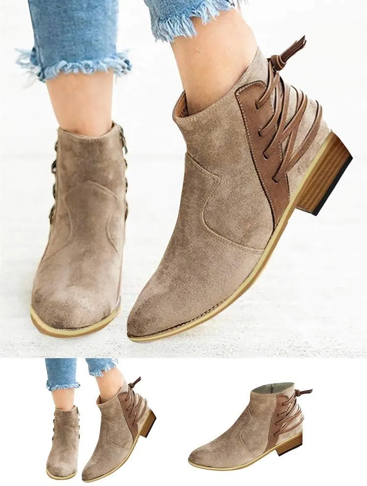 Gibobby Ankle Boots for Women Low Heel,Ankle Booties Round Toe Faux Stacked Chunky Heel Side Lace Up Short Winter Booties