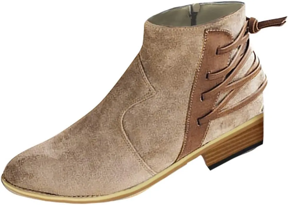 Gibobby Ankle Boots for Women Low Heel,Ankle Booties Round Toe Faux Stacked Chunky Heel Side Lace Up Short Winter Booties