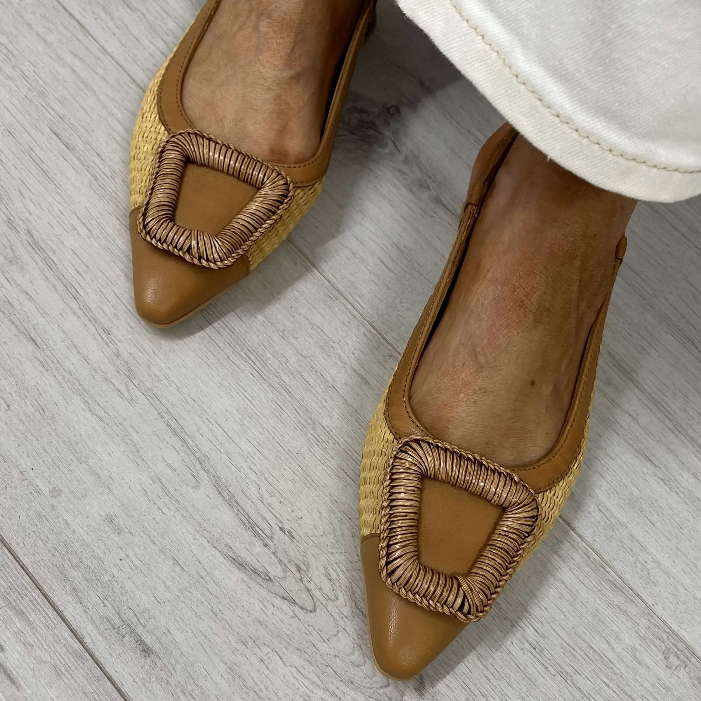 Hispanitas Tan Natural Rafia Leather Sling Back Shoes
