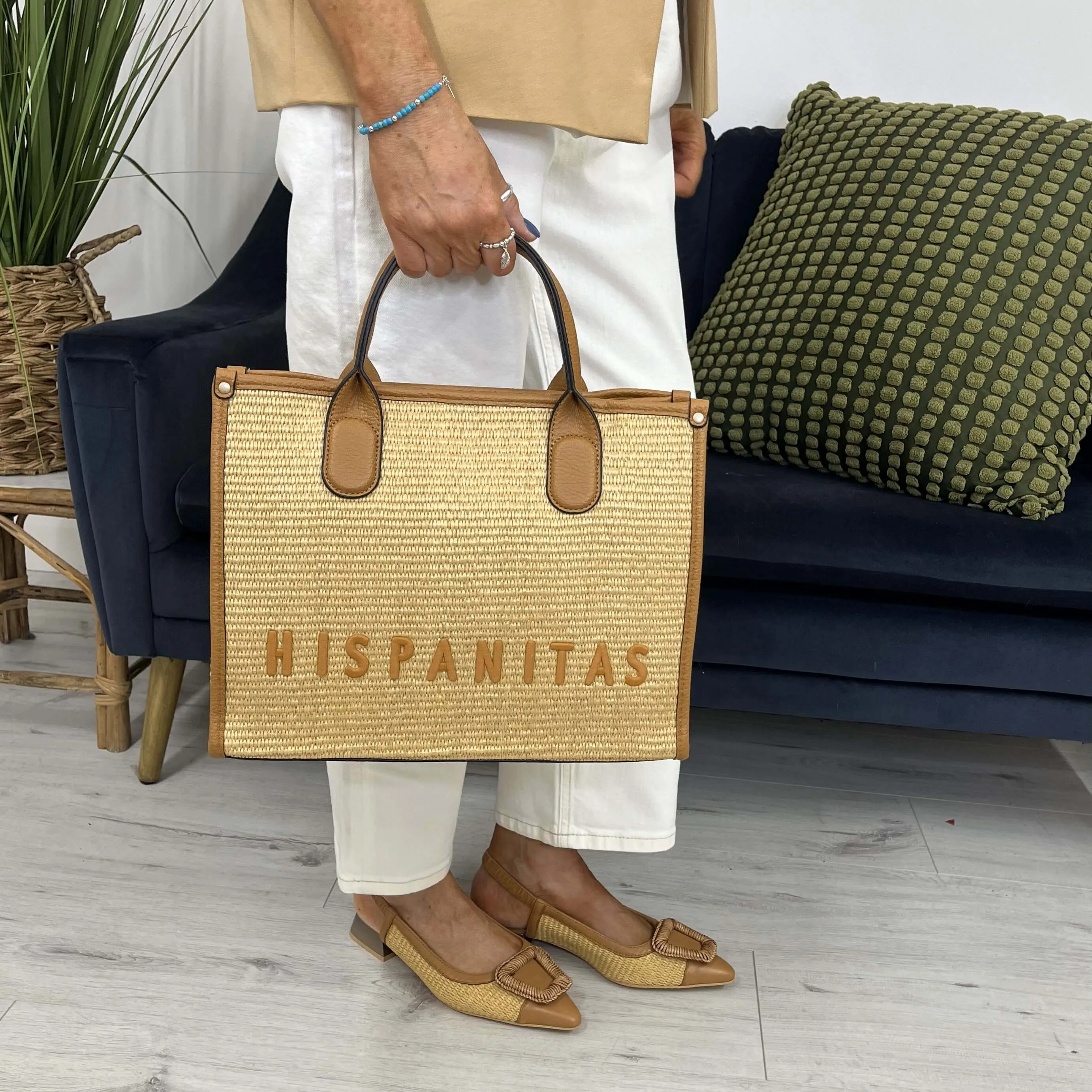 Hispanitas Tan Natural Rafia Leather Sling Back Shoes