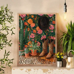 Maximalist Cowgirl Boots Print - Leopard Print  - Bold Eclectic Art - Western Decor - Trendy Cowgirl Art - Cowboy Boots Print
