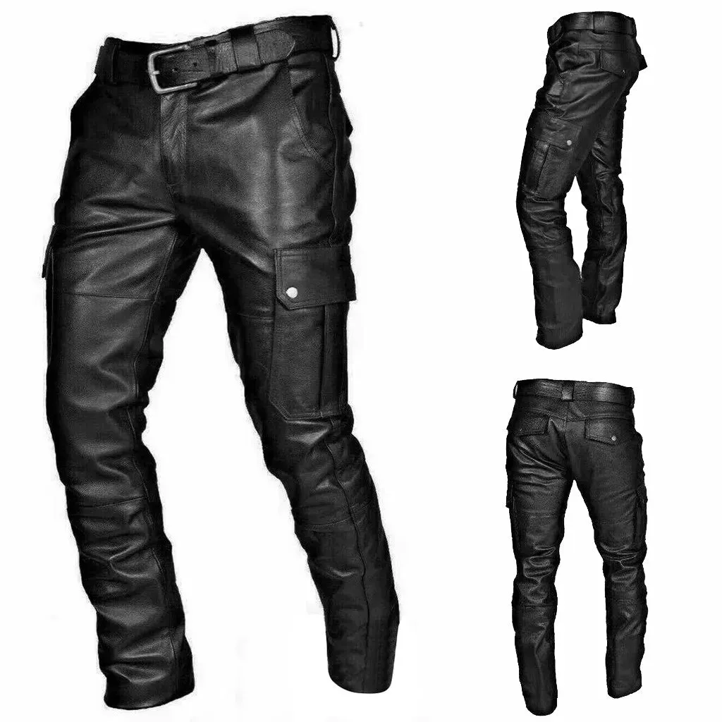 Mens Biker Pants  Faux Leather  Tapered Fit  Cargo Pockets  Full Length