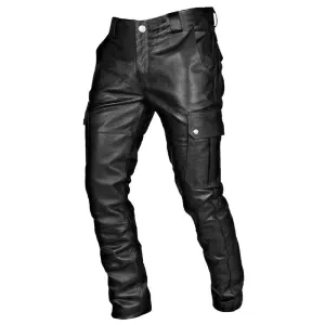 Mens Biker Pants  Faux Leather  Tapered Fit  Cargo Pockets  Full Length