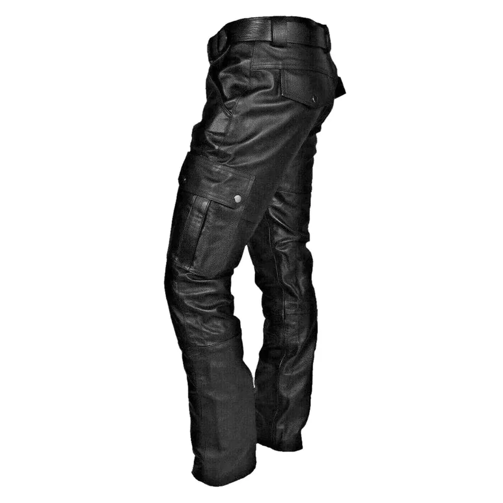 Mens Biker Pants  Faux Leather  Tapered Fit  Cargo Pockets  Full Length