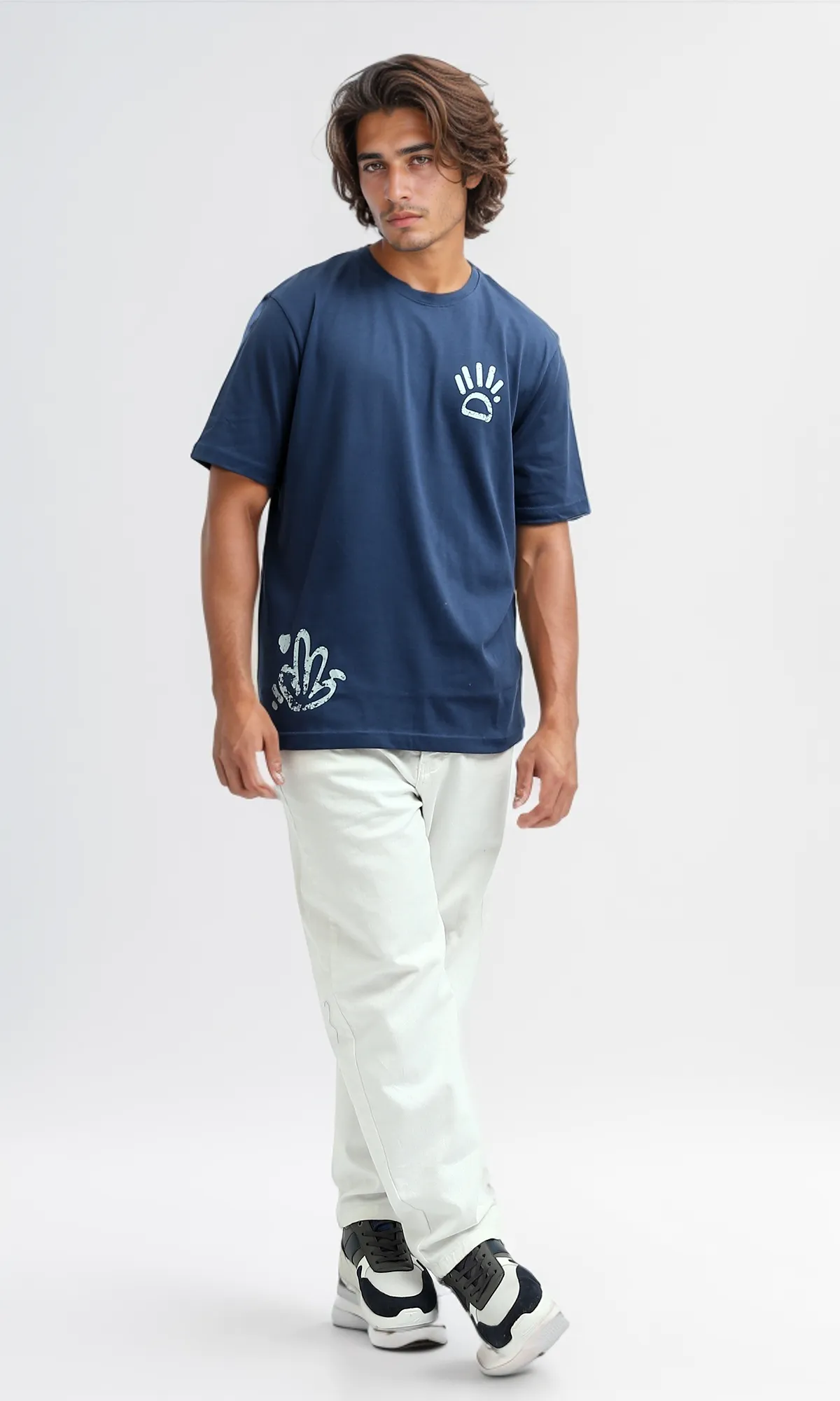 O182392 Round Neck Slip On Jeans Blue Printed Tee