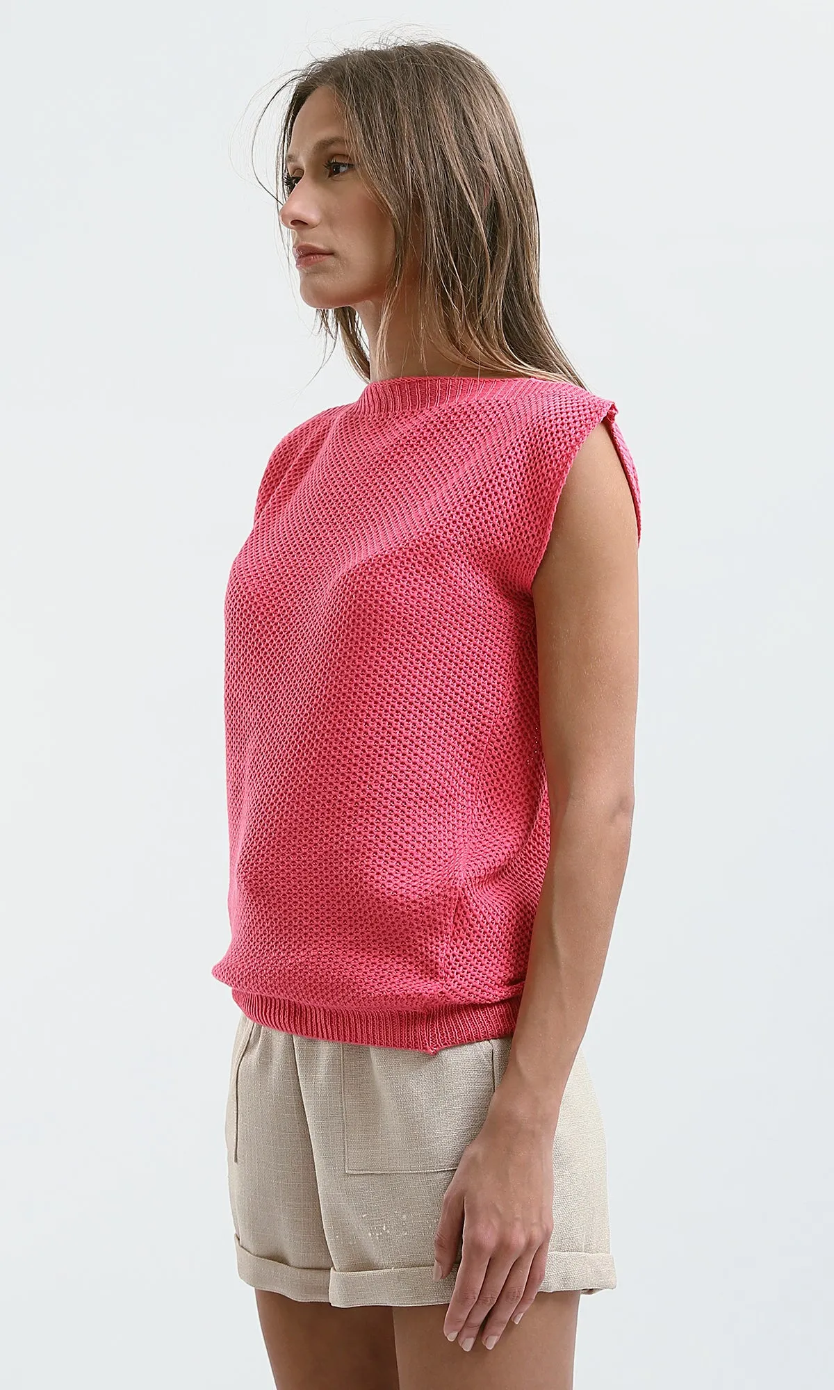 O182702 Neon Pink Short Sleeves Tee With Boat Neck
