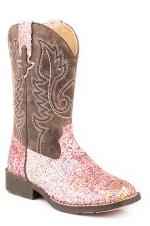Roper Kids Girls Glitter Aztec Pink/Brown Faux Leather Cowboy Boots