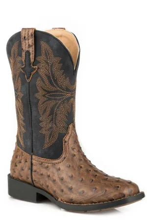 Roper Kids Unisex Jed Brown/Black Faux Leather Ostrich Cowboy Boots