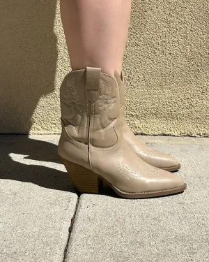 Takes Two To Two Step Taupe Faux Leather Western Embroidered Ankle Boot