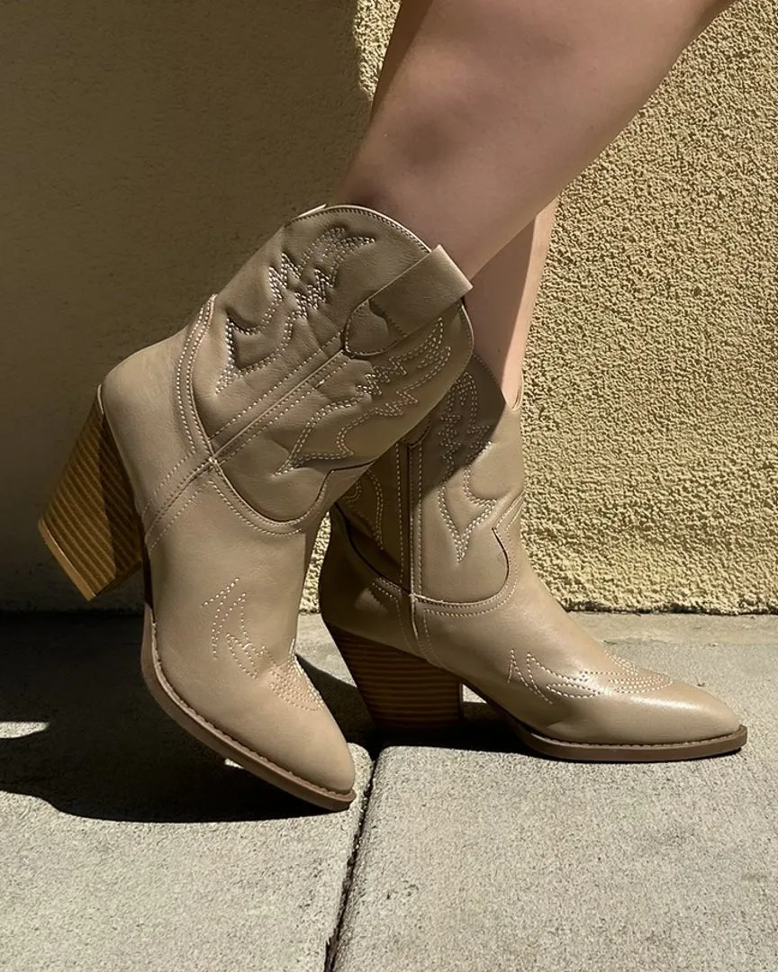 Takes Two To Two Step Taupe Faux Leather Western Embroidered Ankle Boot