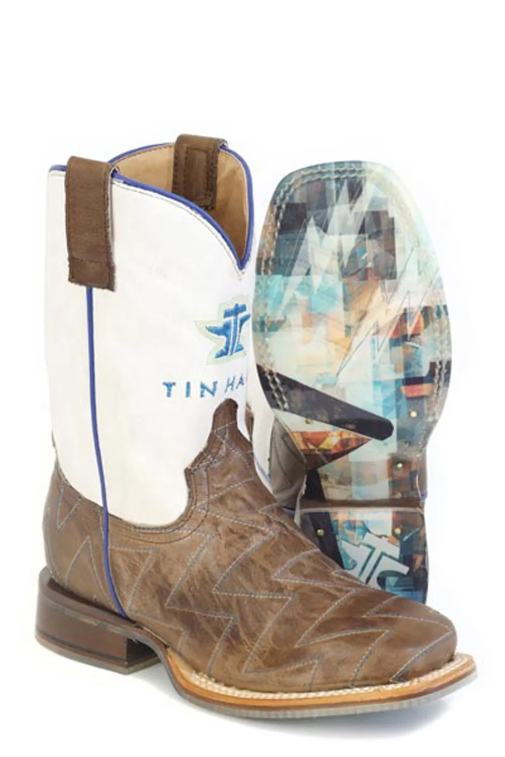 Tin Haul Kids Unisex Master Blaster Brown/White Leather Cowboy Boots