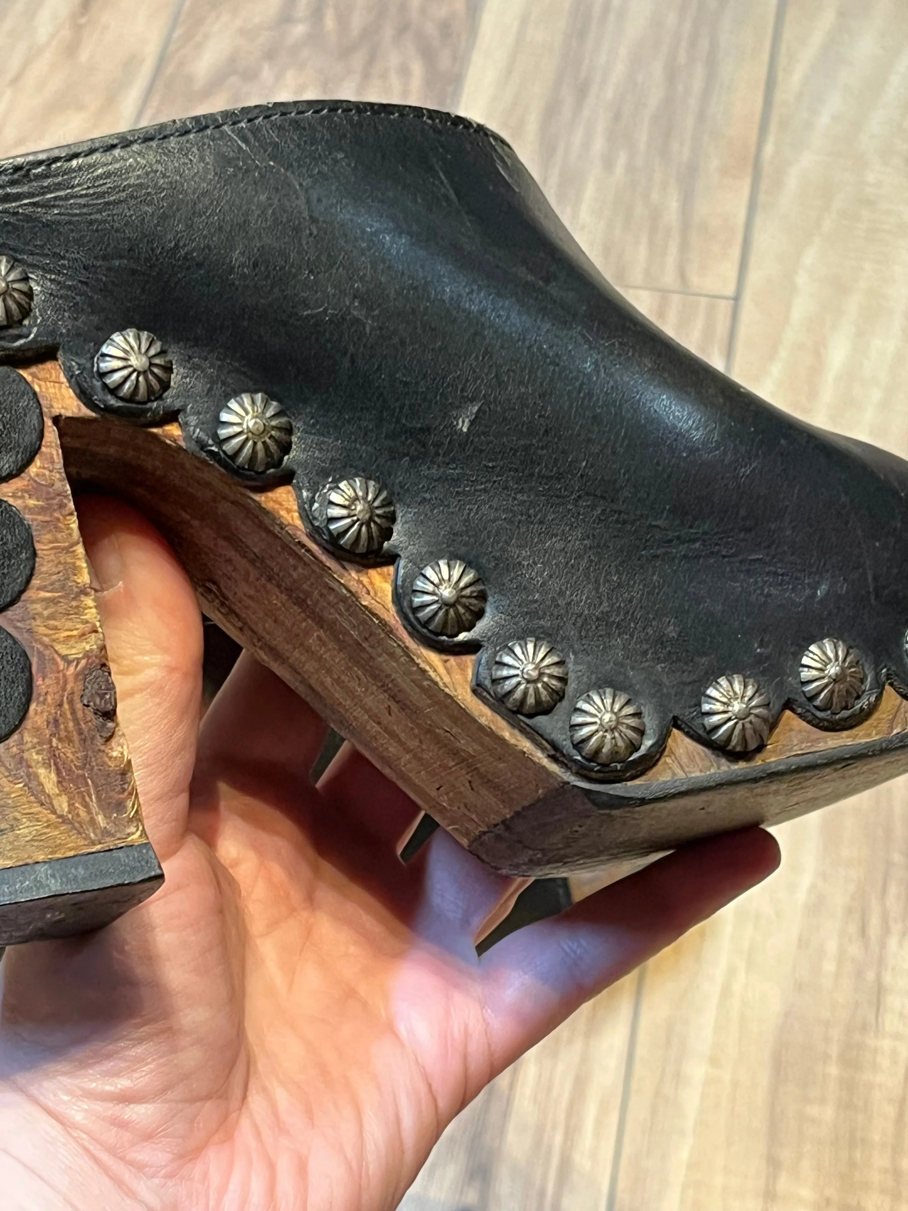 Vintage 1960s Black Tacked Clogs with Wooden Heel, Size US Womens 7, EUR 38 SOLD