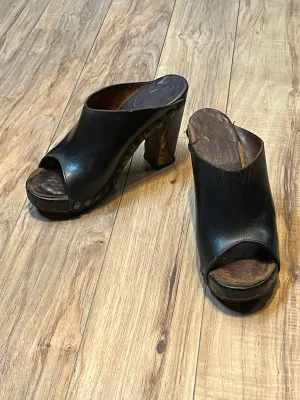 Vintage 1960s Black Tacked Clogs with Wooden Heel, Size US Womens 7, EUR 38 SOLD