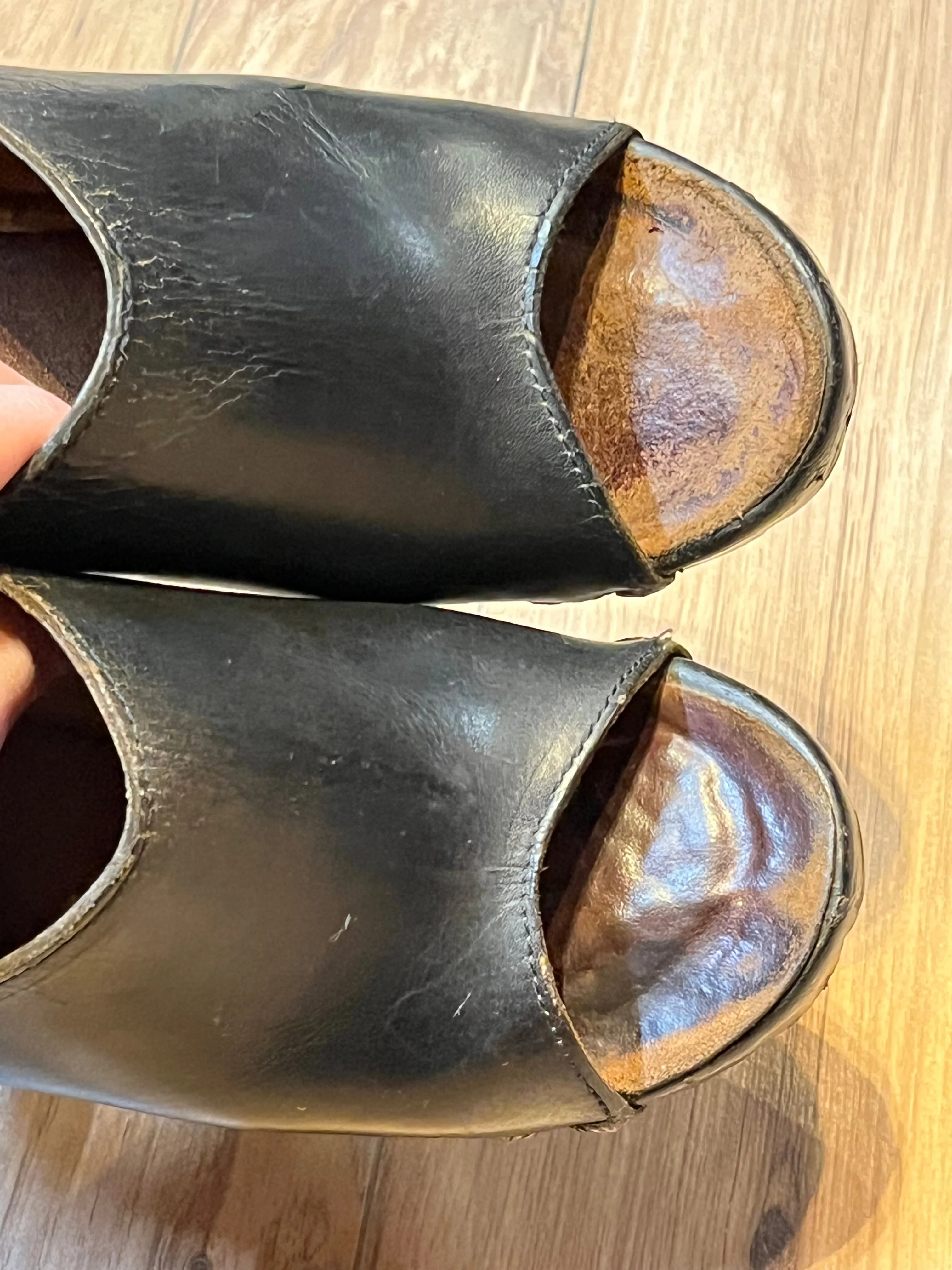 Vintage 1960s Black Tacked Clogs with Wooden Heel, Size US Womens 7, EUR 38 SOLD