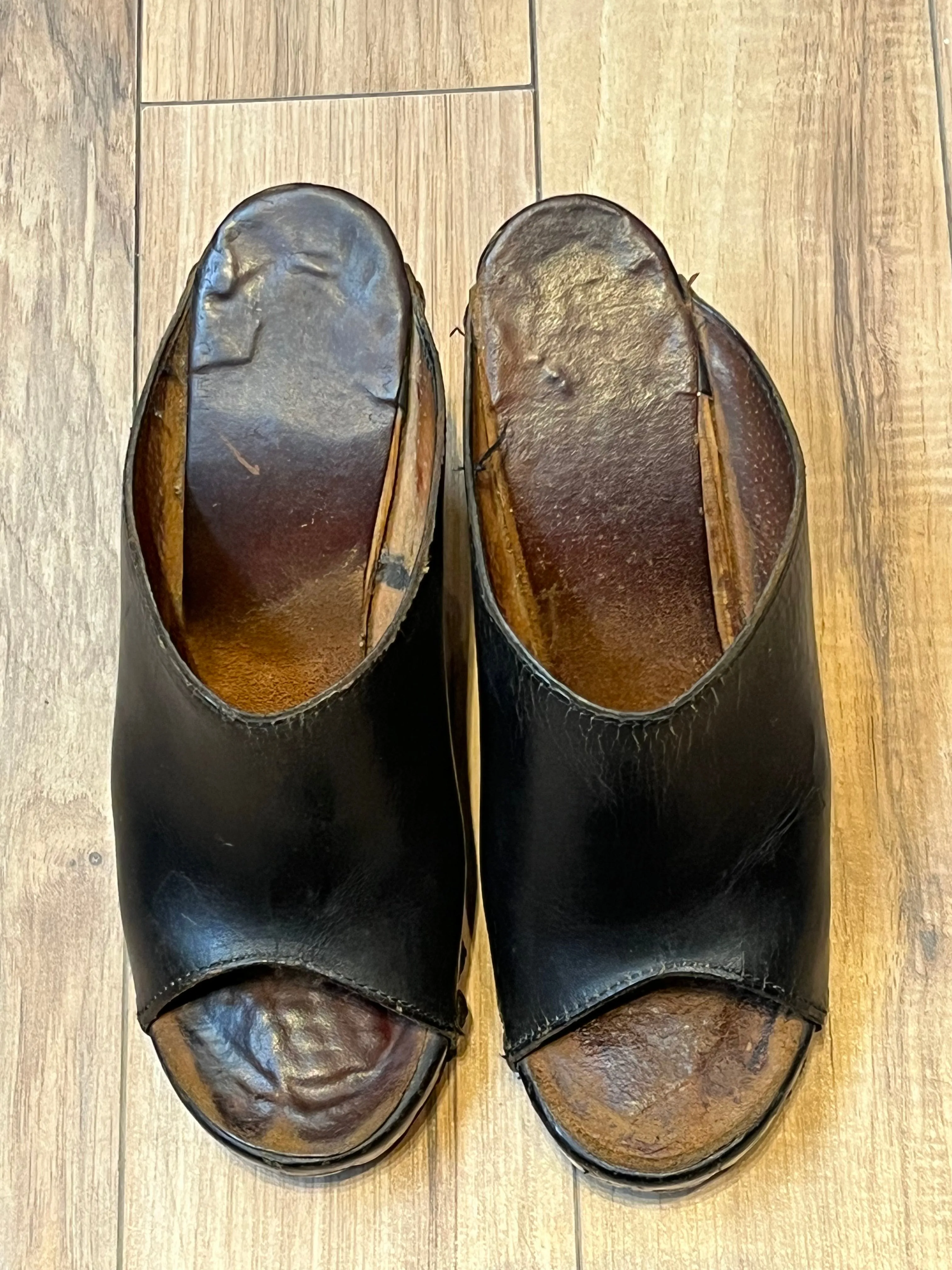 Vintage 1960s Black Tacked Clogs with Wooden Heel, Size US Womens 7, EUR 38 SOLD