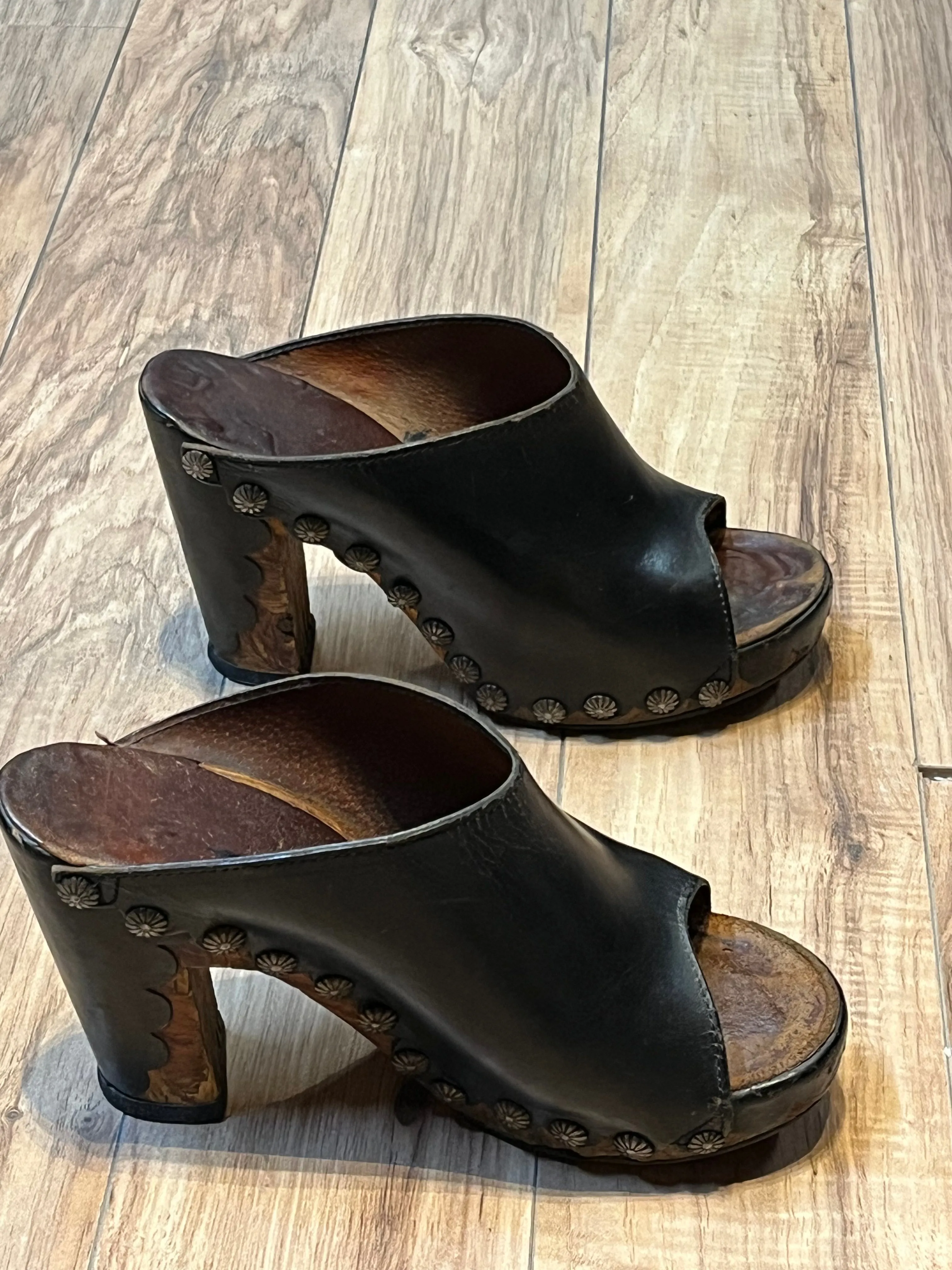 Vintage 1960s Black Tacked Clogs with Wooden Heel, Size US Womens 7, EUR 38 SOLD