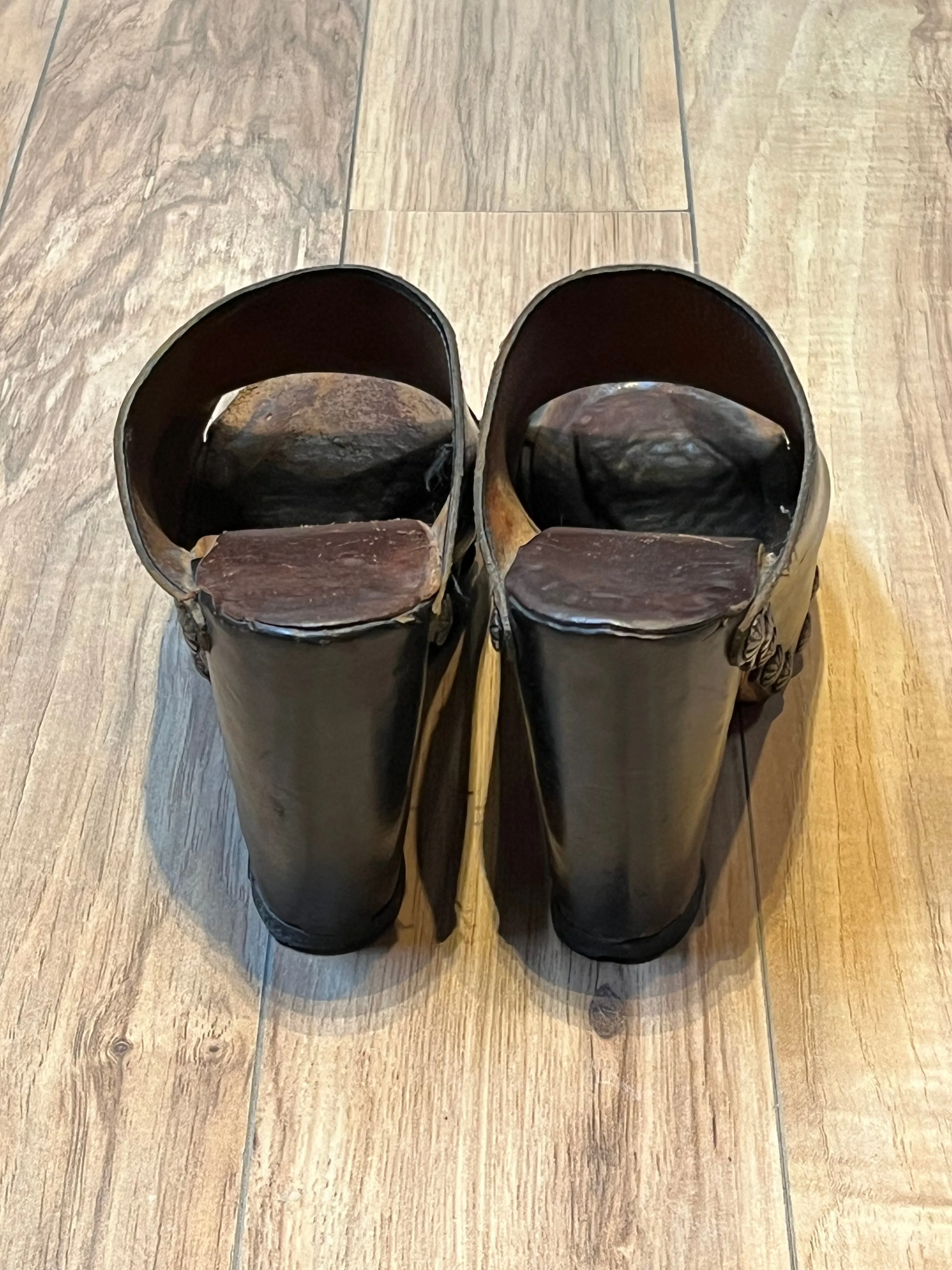 Vintage 1960s Black Tacked Clogs with Wooden Heel, Size US Womens 7, EUR 38 SOLD