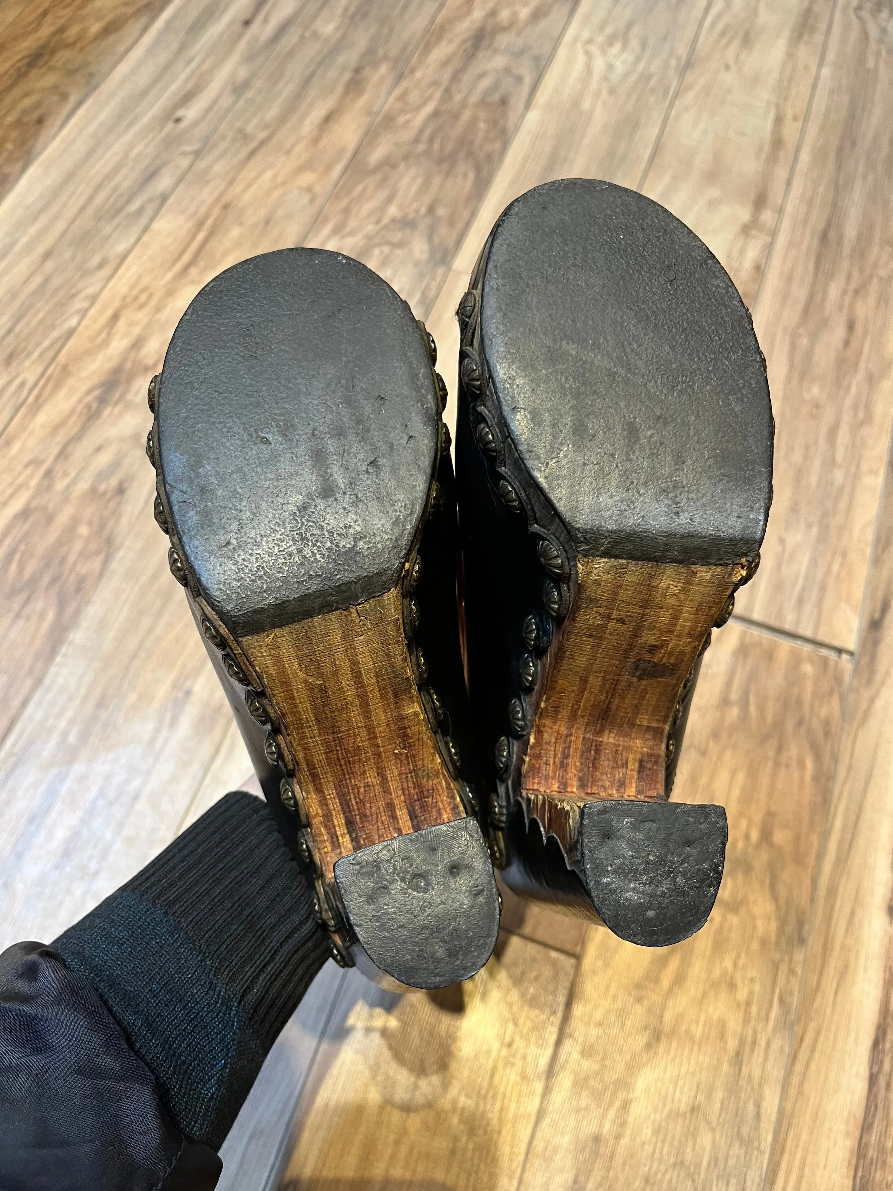 Vintage 1960s Black Tacked Clogs with Wooden Heel, Size US Womens 7, EUR 38 SOLD