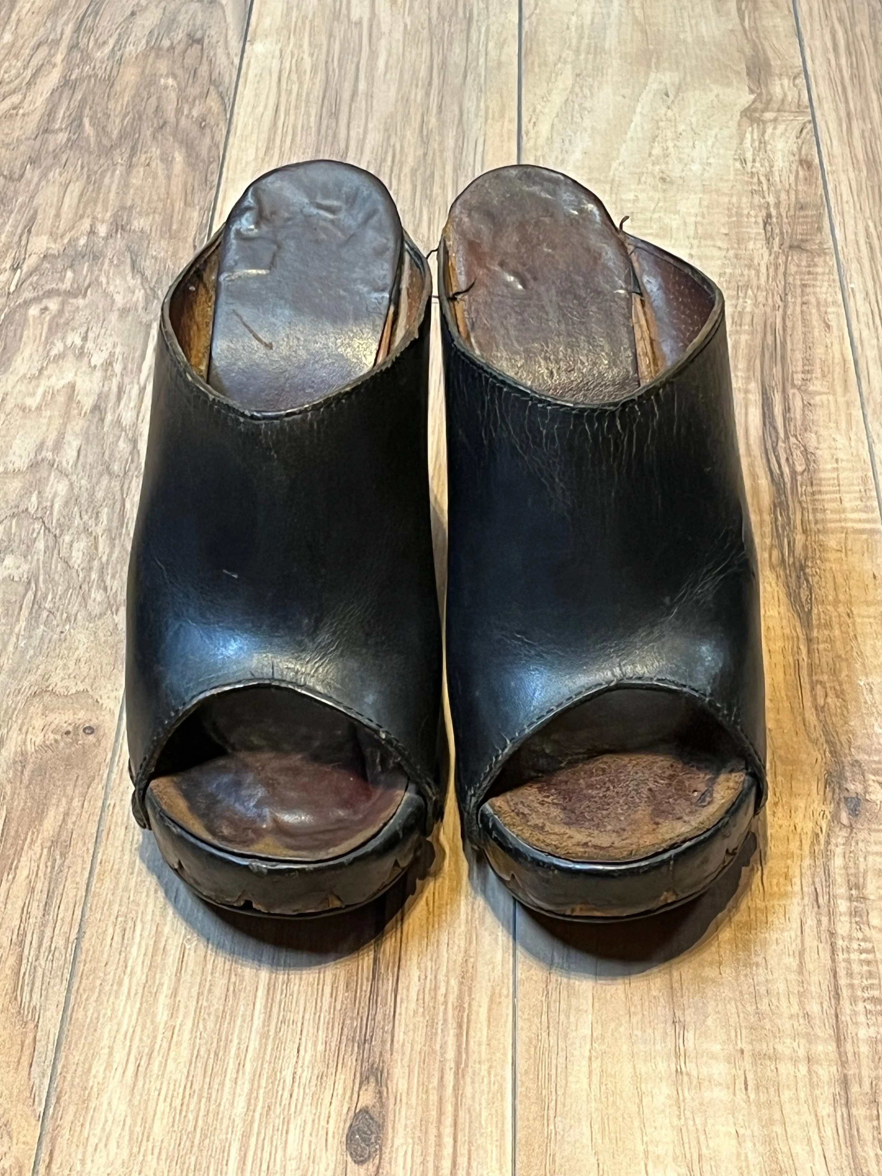 Vintage 1960s Black Tacked Clogs with Wooden Heel, Size US Womens 7, EUR 38 SOLD
