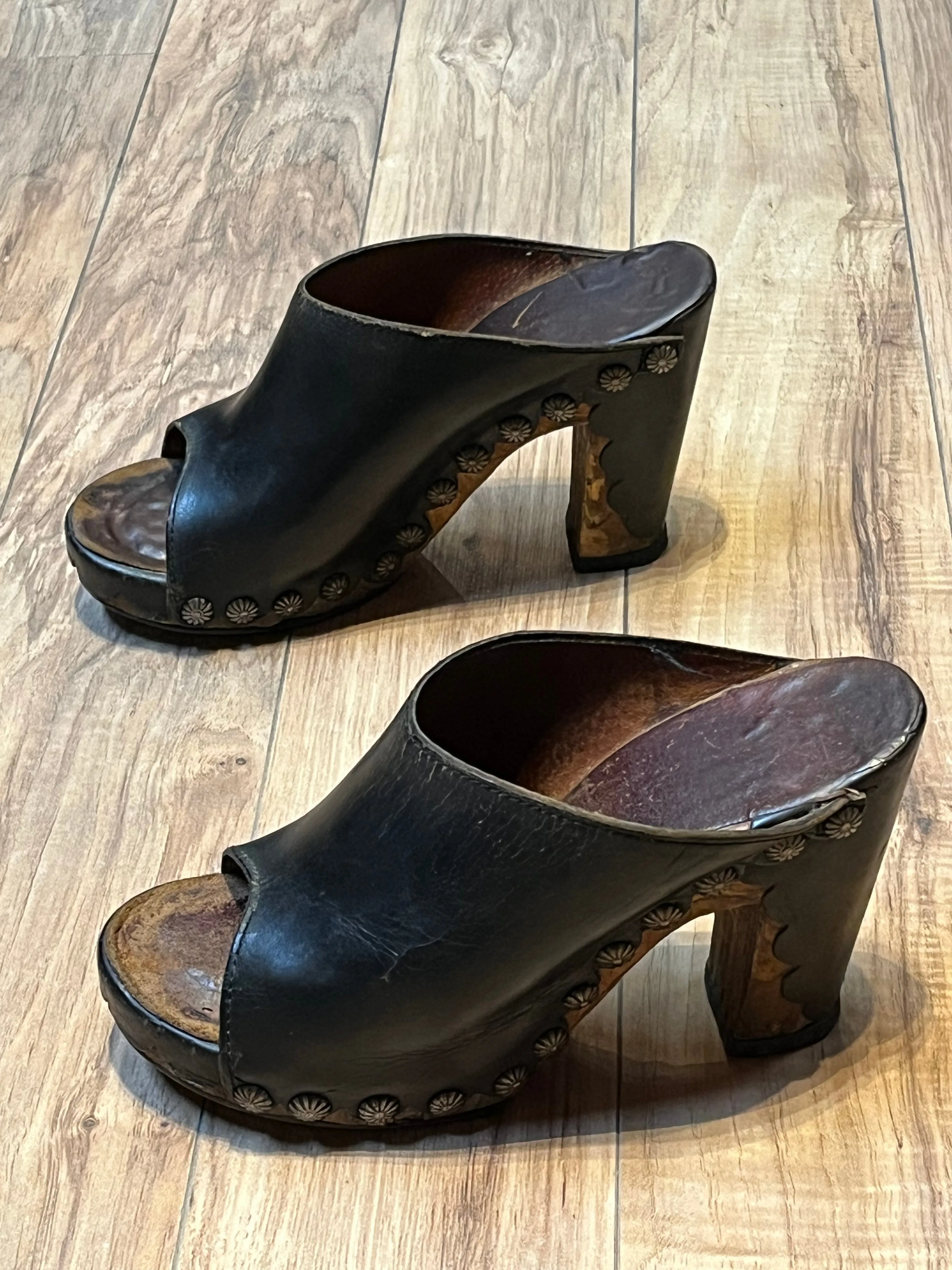 Vintage 1960s Black Tacked Clogs with Wooden Heel, Size US Womens 7, EUR 38 SOLD