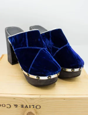 Vintage 70s NOS Blue Velvet Platform Clogs Size 7.5