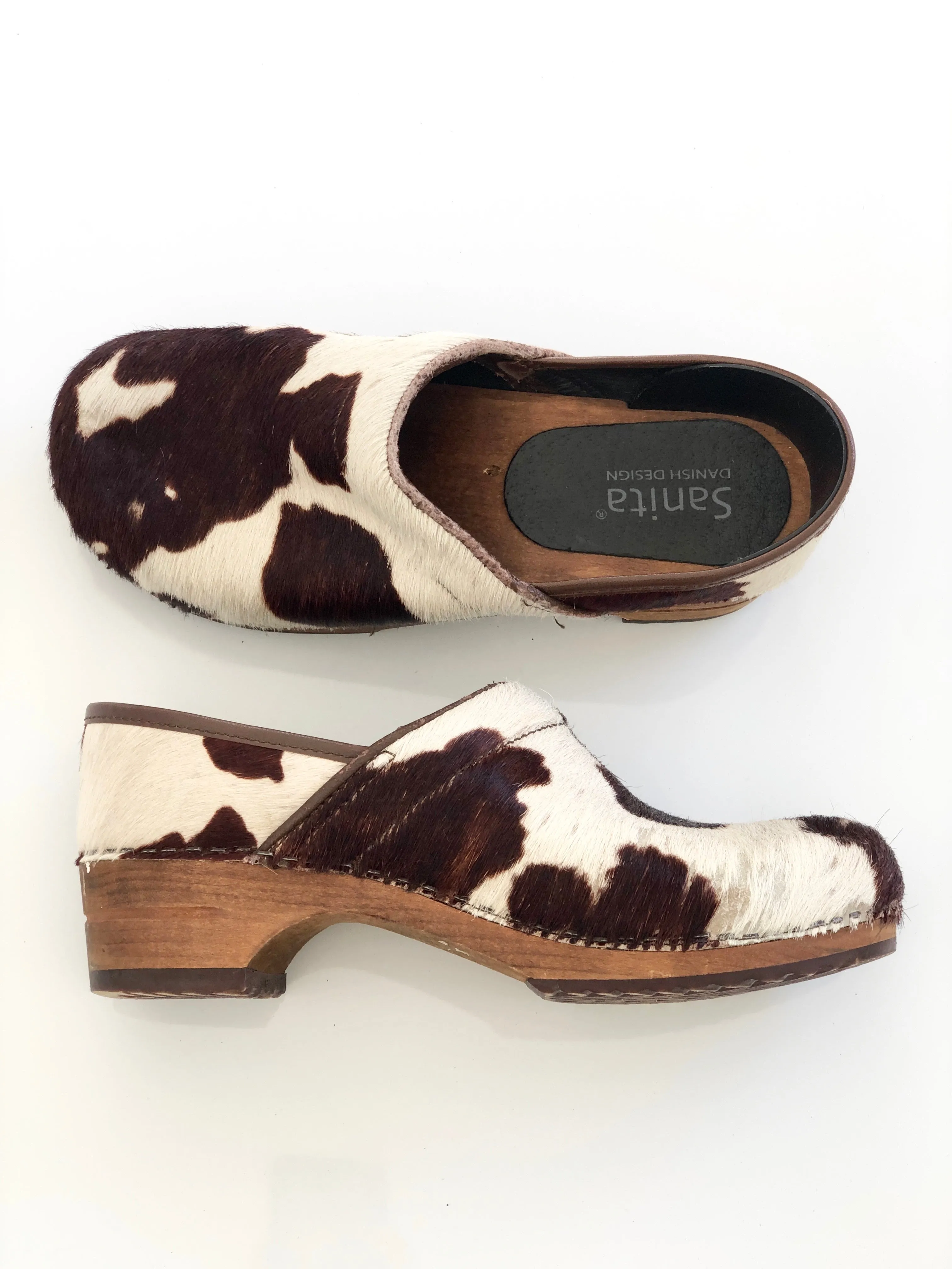 VINTAGE: Brown & White Cowhide Clogs