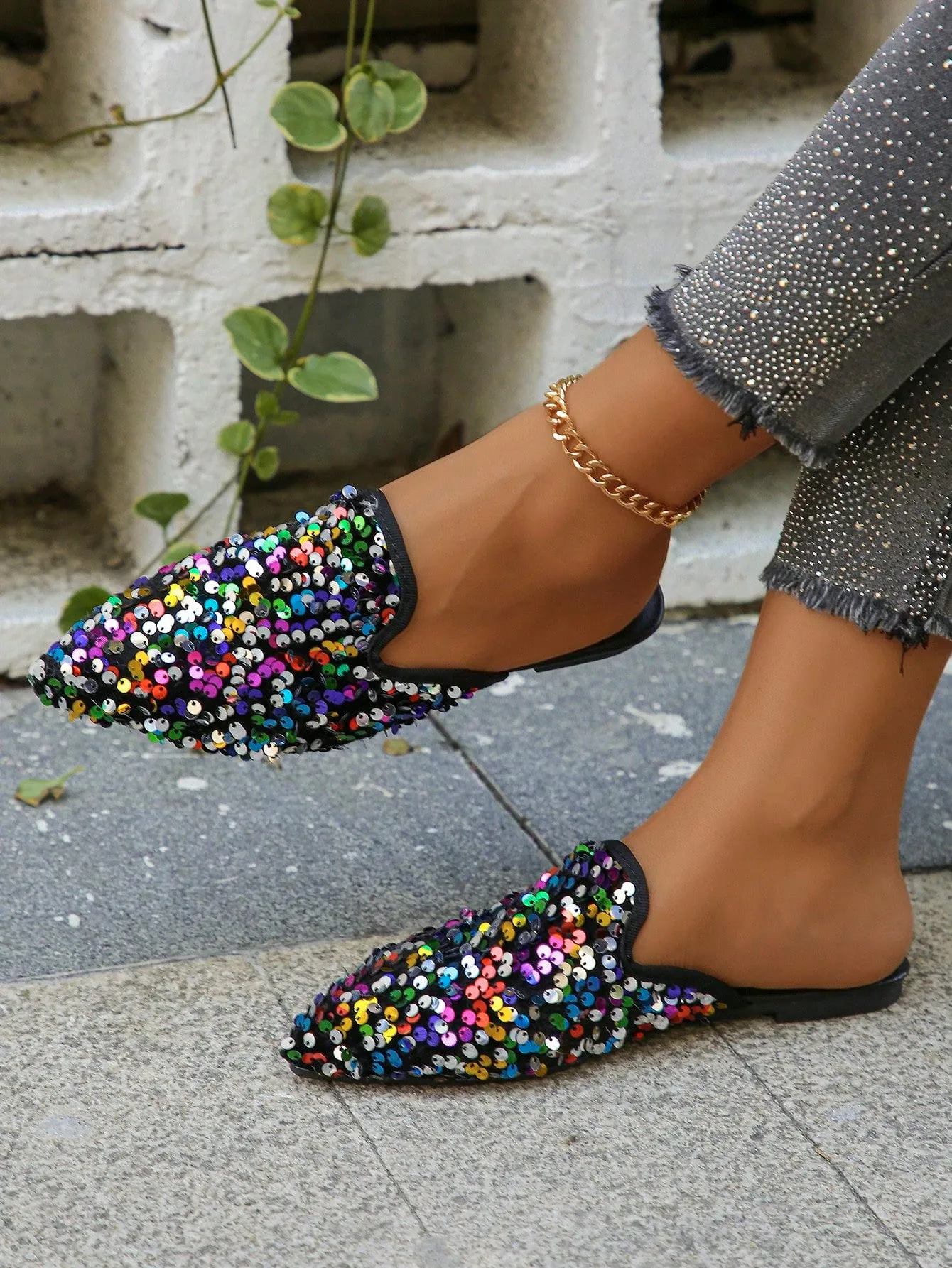 Women Plaid Pattern Point Toe Flat Mules, Elegant Outdoor Flats