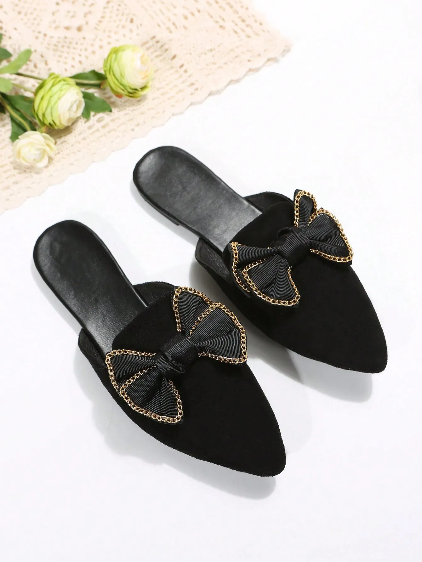 Women Plaid Pattern Point Toe Flat Mules, Elegant Outdoor Flats