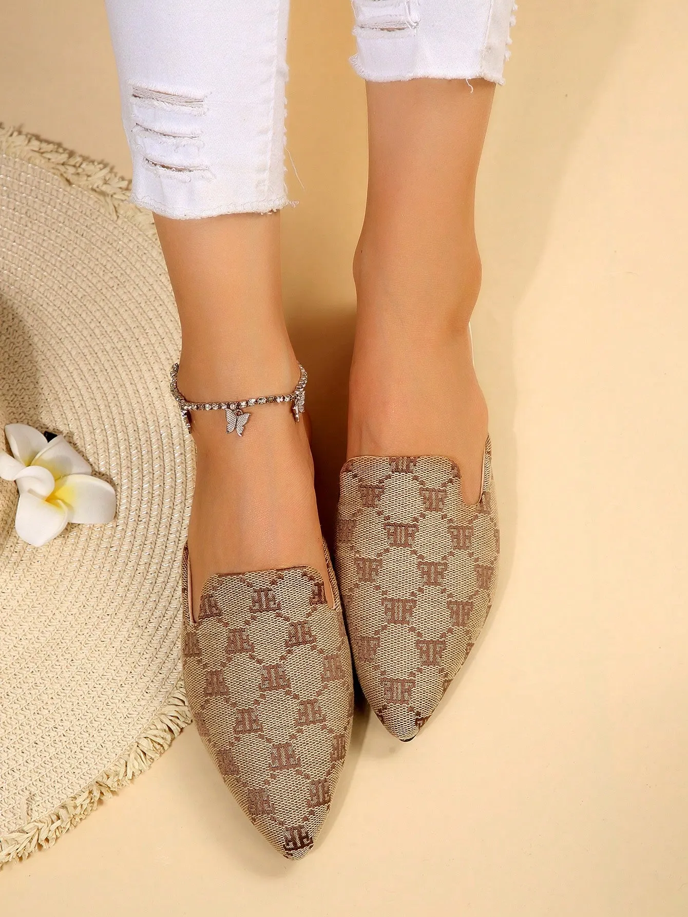 Women Plaid Pattern Point Toe Flat Mules, Elegant Outdoor Flats