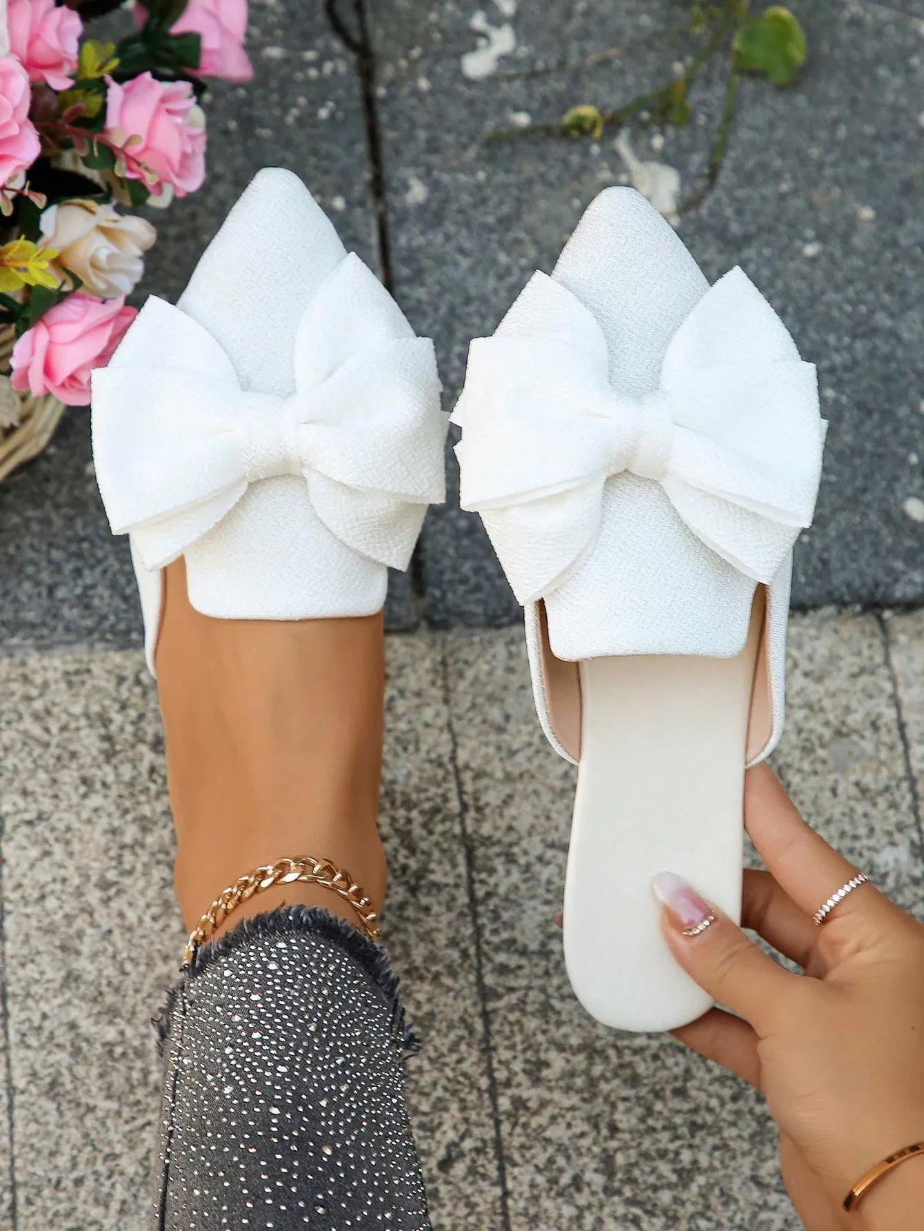 Women Plaid Pattern Point Toe Flat Mules, Elegant Outdoor Flats