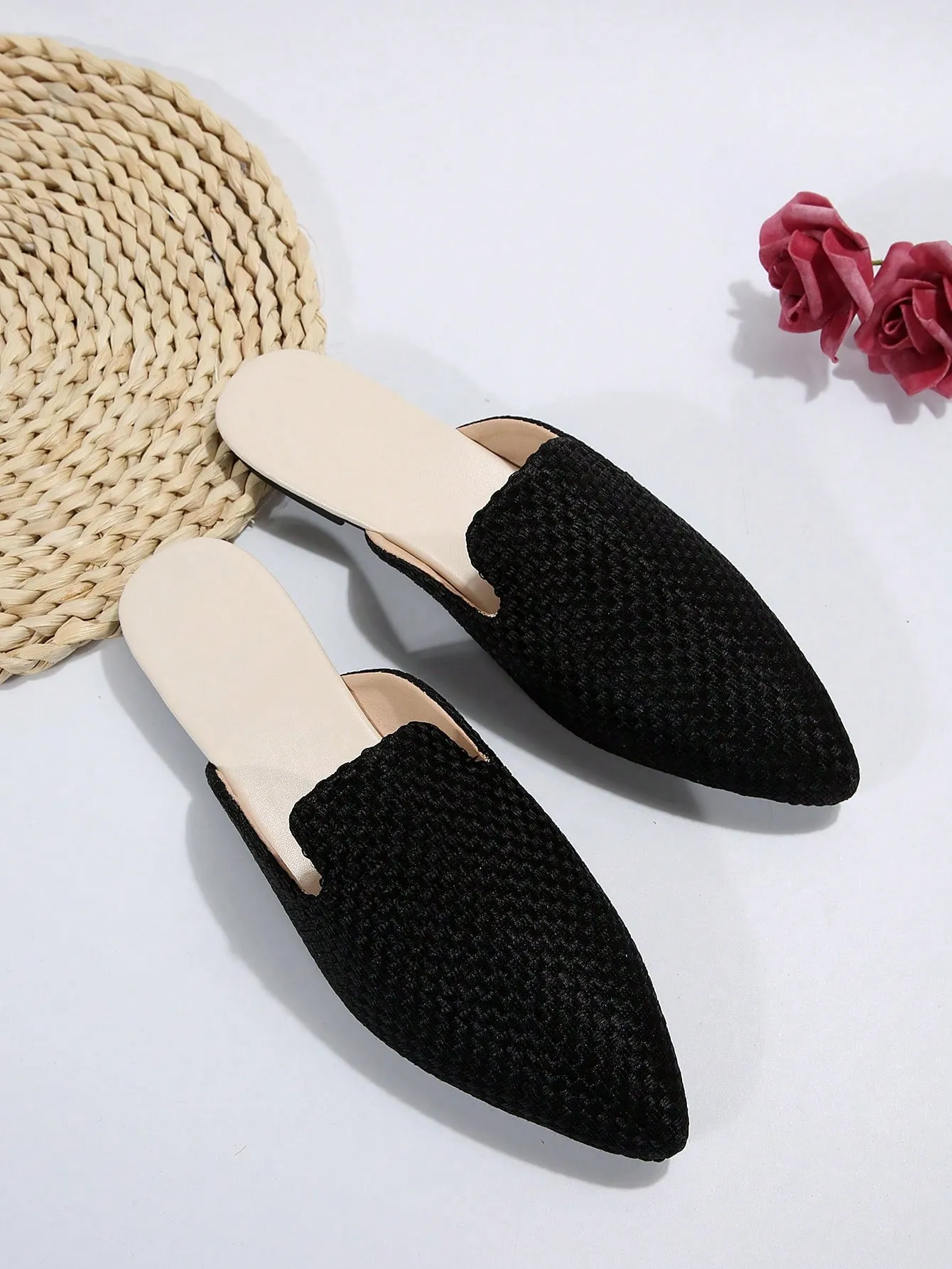 Women Plaid Pattern Point Toe Flat Mules, Elegant Outdoor Flats