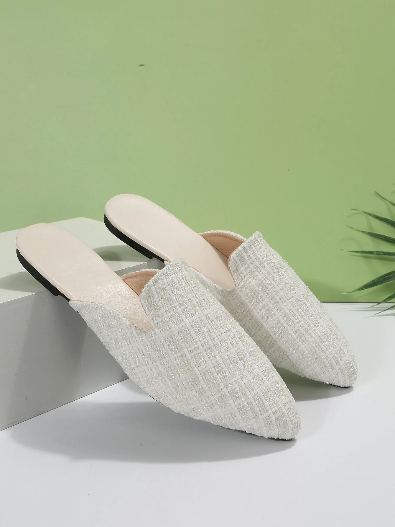 Women Plaid Pattern Point Toe Flat Mules, Elegant Outdoor Flats