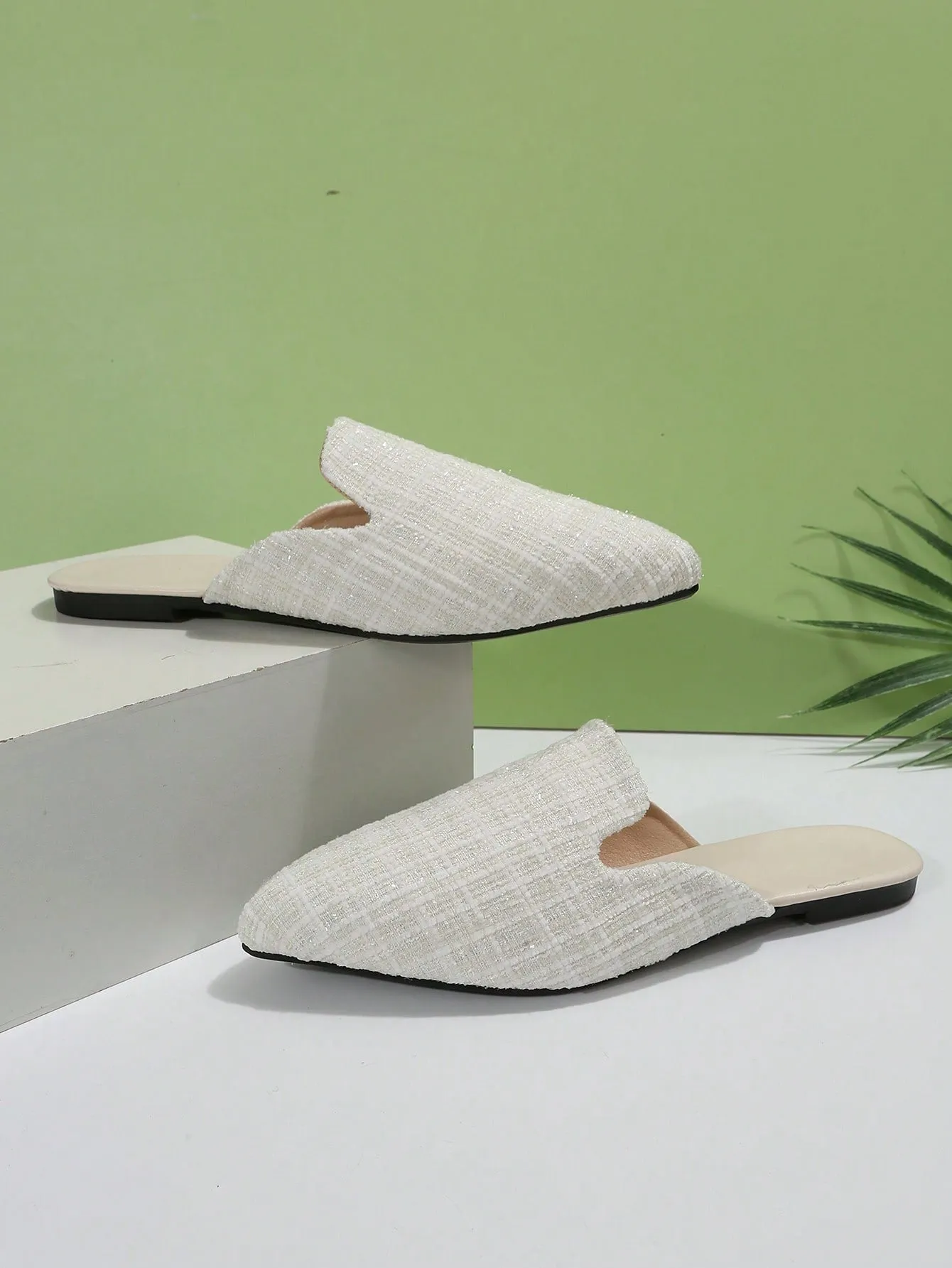 Women Plaid Pattern Point Toe Flat Mules, Elegant Outdoor Flats